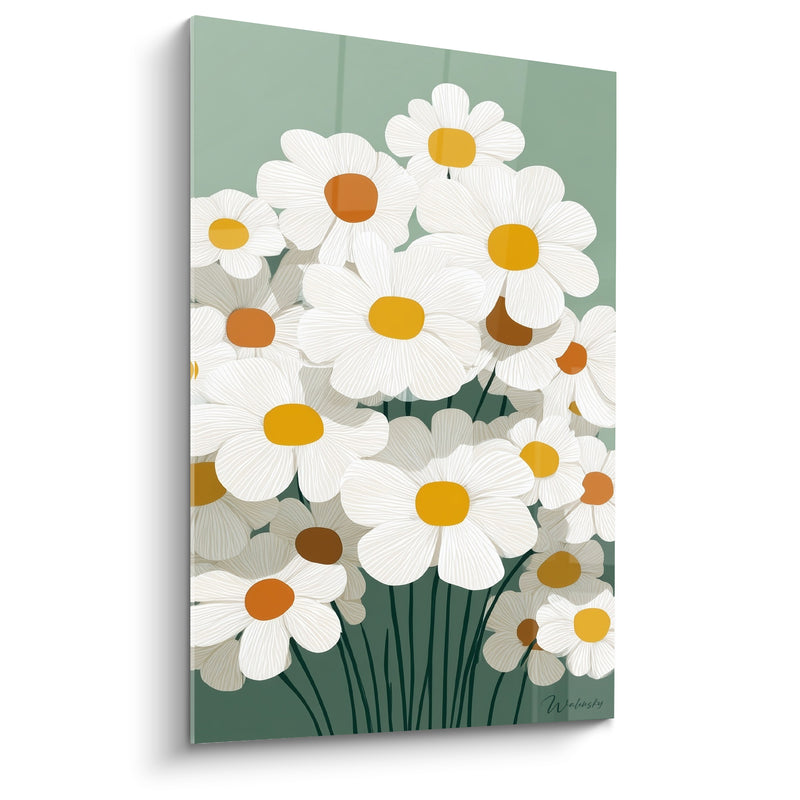 Tableau Bouquet blanc et vert sauge aux tiges sombres serrées - Cœurs jaunes et bruns - Edition Marguerite