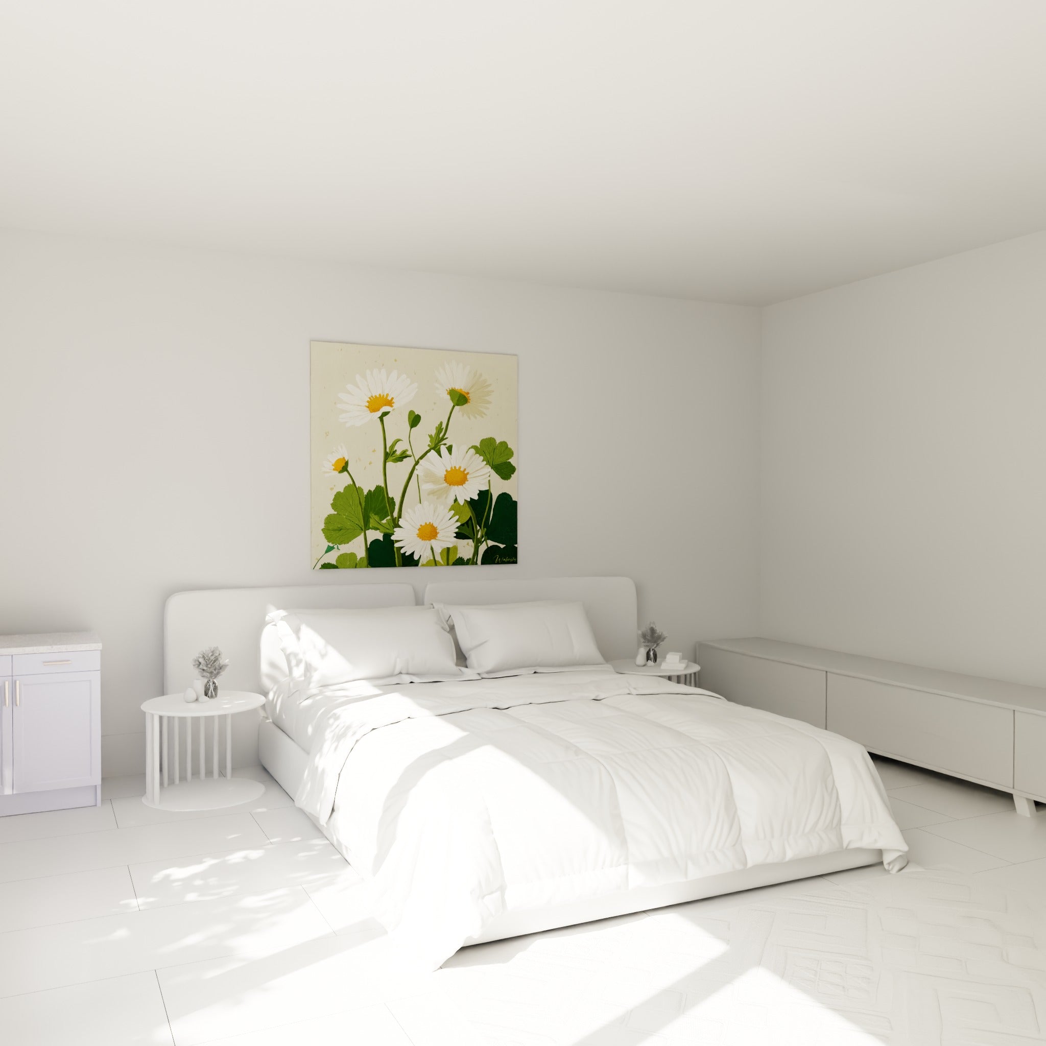 Bouquet de marguerites blanches et vertes au-dessus d'un lit dans une chambre claire