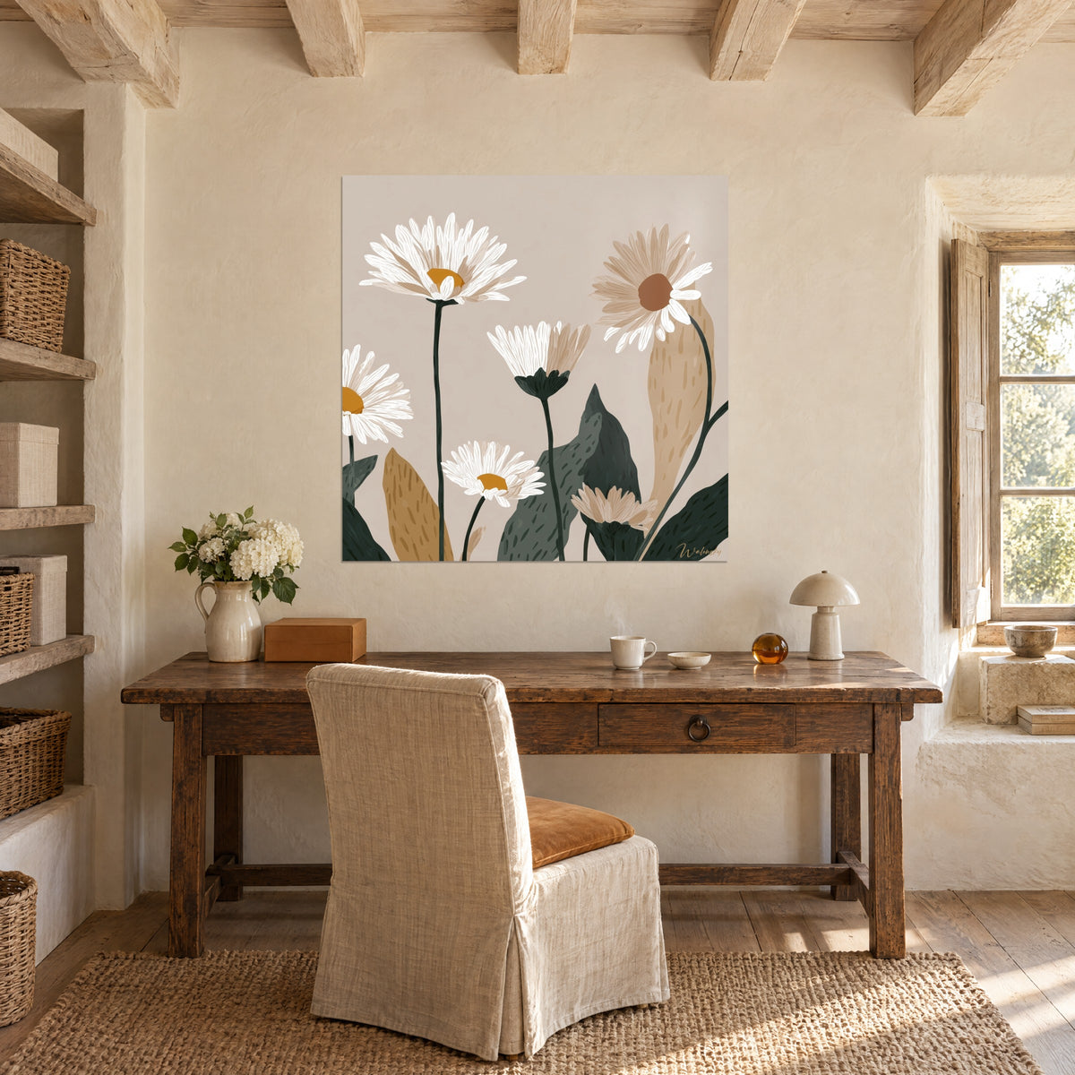 Quadro con margherite in illustrazione, cuori color senape, foglie macchiate di marrone e verde, alla parete di un ufficio rustico in legno