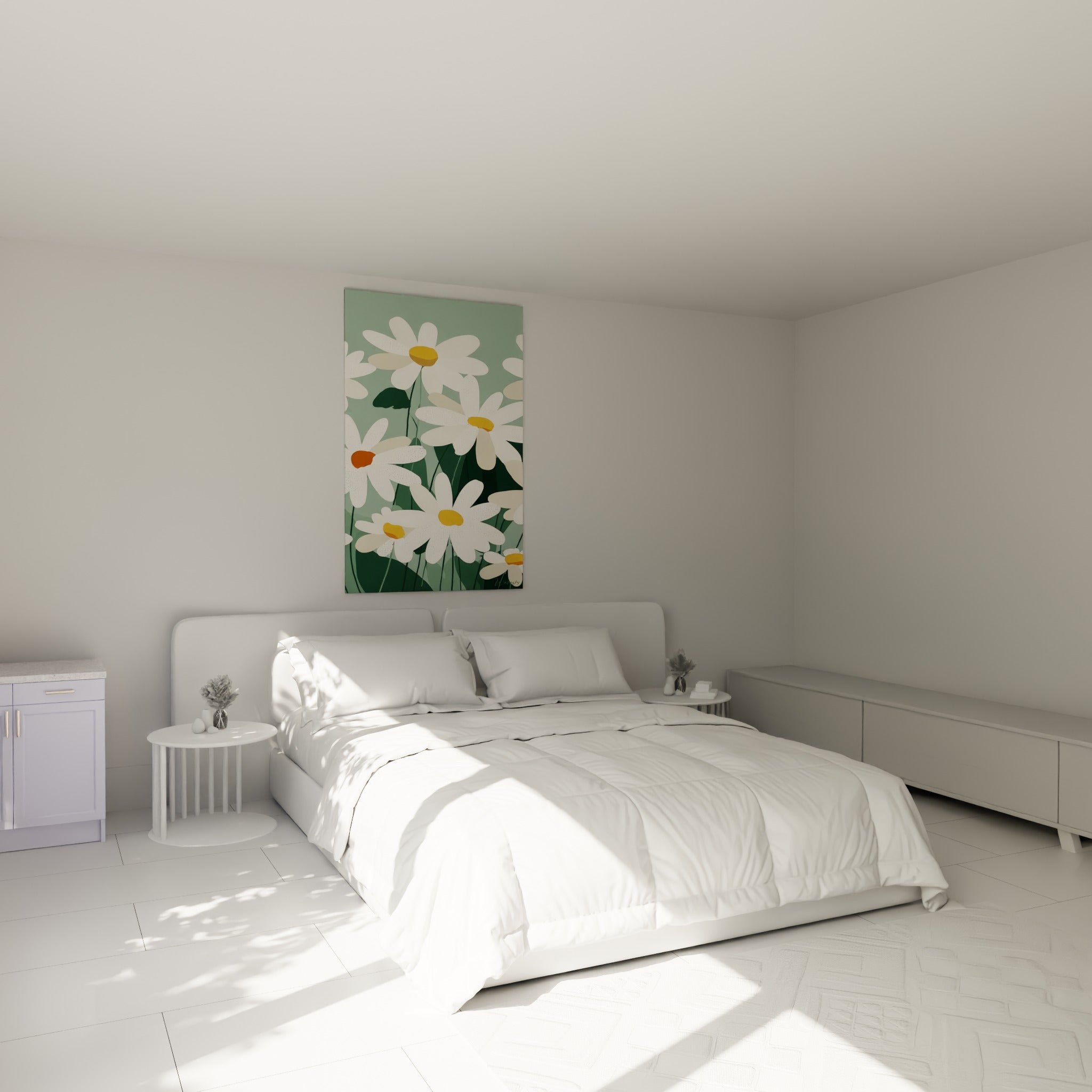 Fleurs blanches et cœurs terracotta du Marguerite au-dessus d'un lit dans une chambre claire