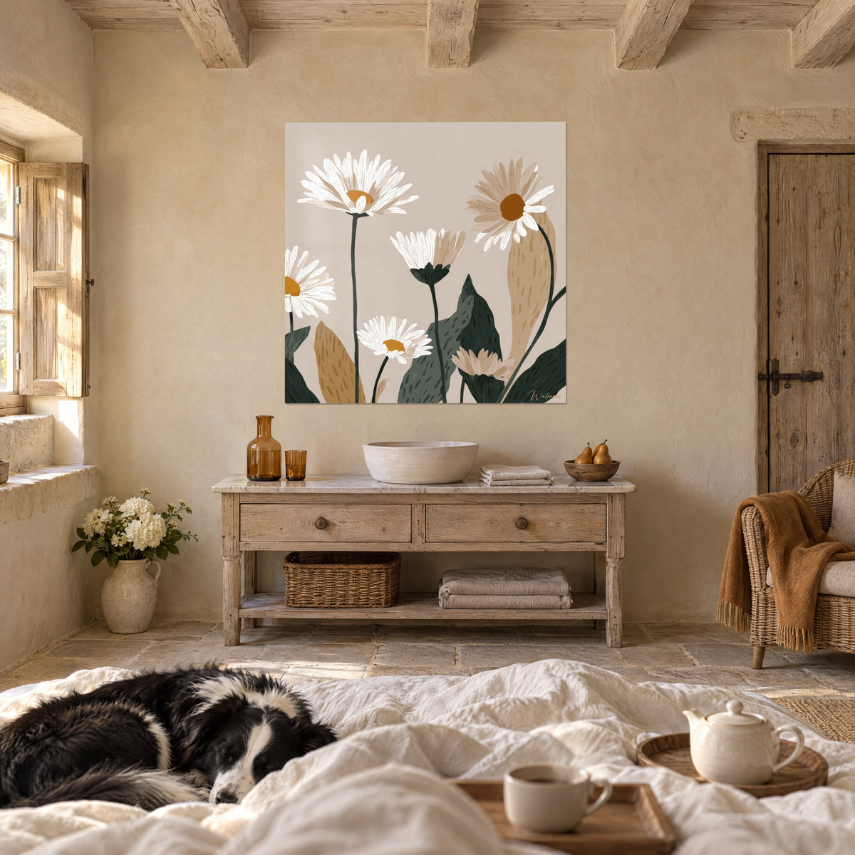 Quadro con margherite stilizzate dai petali crema e cuore marrone, fogliame verde abete, un collie sdraiato sopra un letto in una camera luminosa