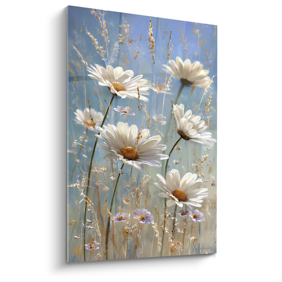 Marguerites blanches aux cœurs dorés sur fond bleu ciel, tiges parmi des graminées dorées
