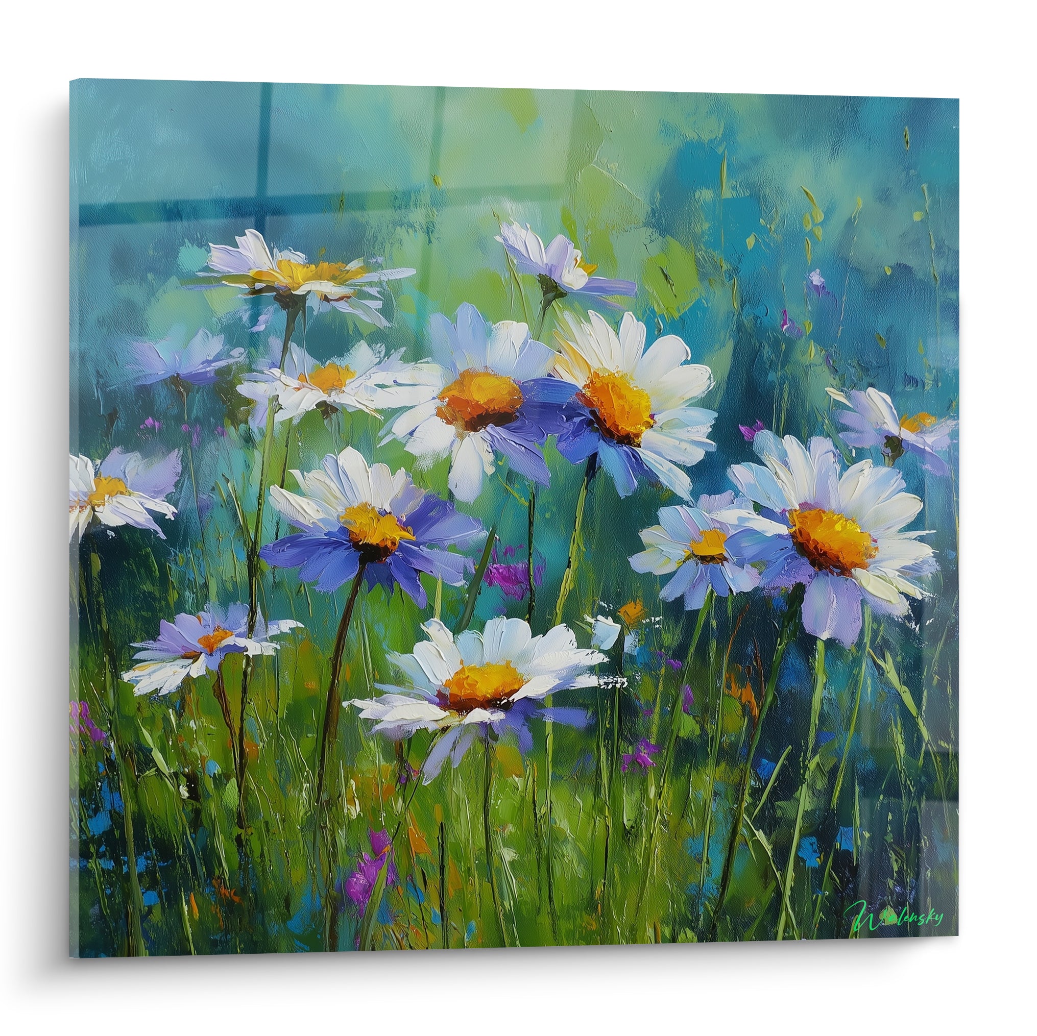 Marguerites blanches aux cœurs dorés sur fond bleu turquoise et vert sauge peint au couteau
