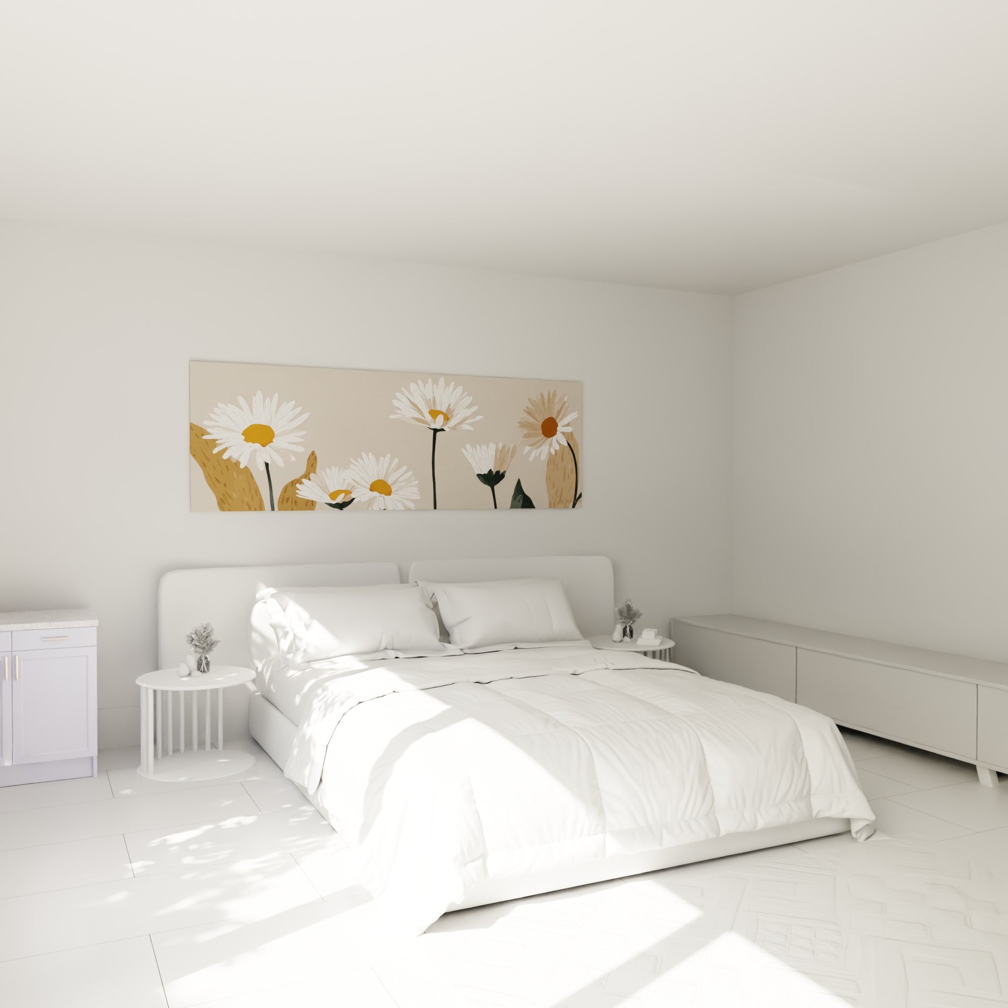 Sept marguerites blanches et ocre illustrées, disposées au-dessus d'un lit dans une chambre claire