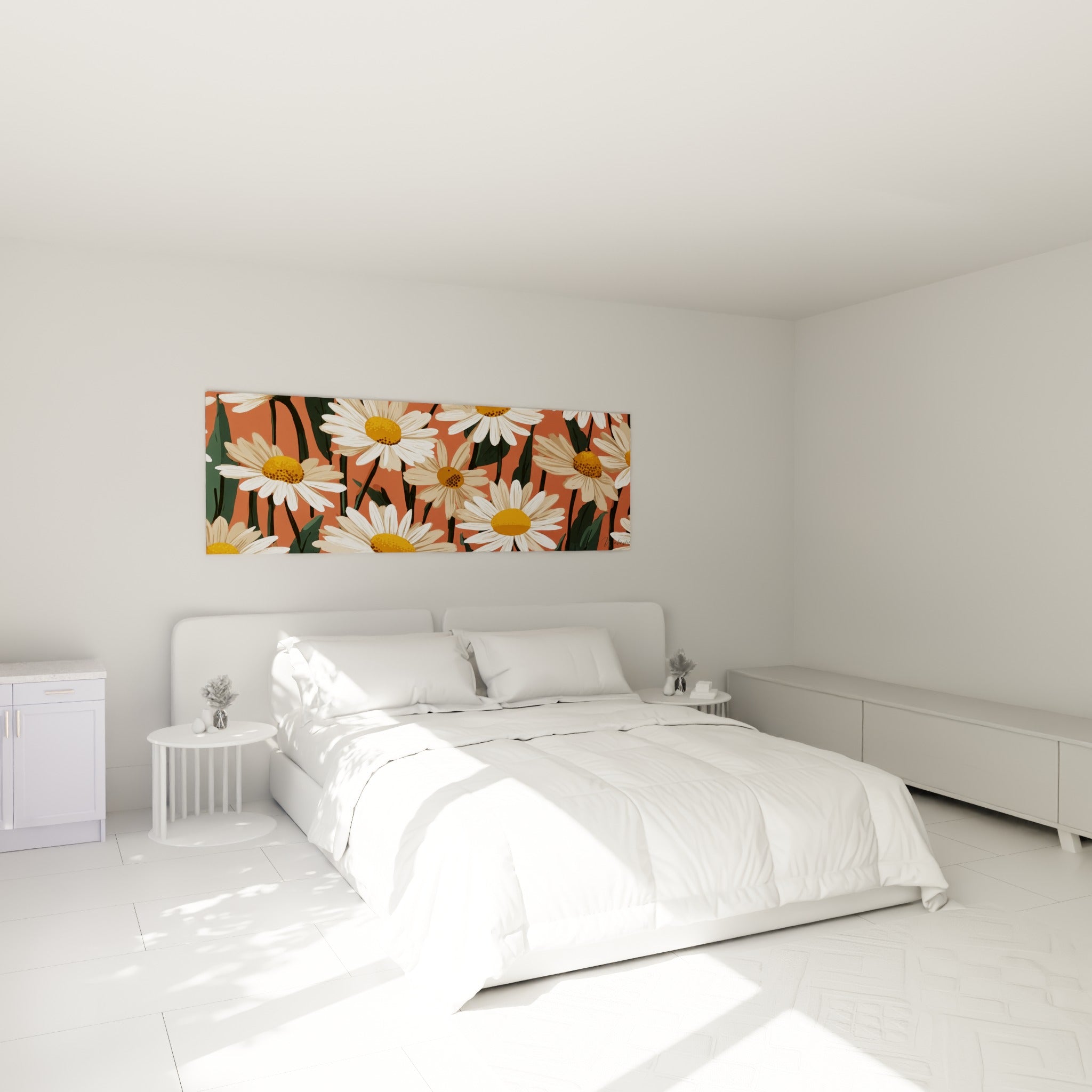 Fleurs de marguerite blanches et ocre sur fond terracotta, au-dessus d'un lit dans une chambre claire