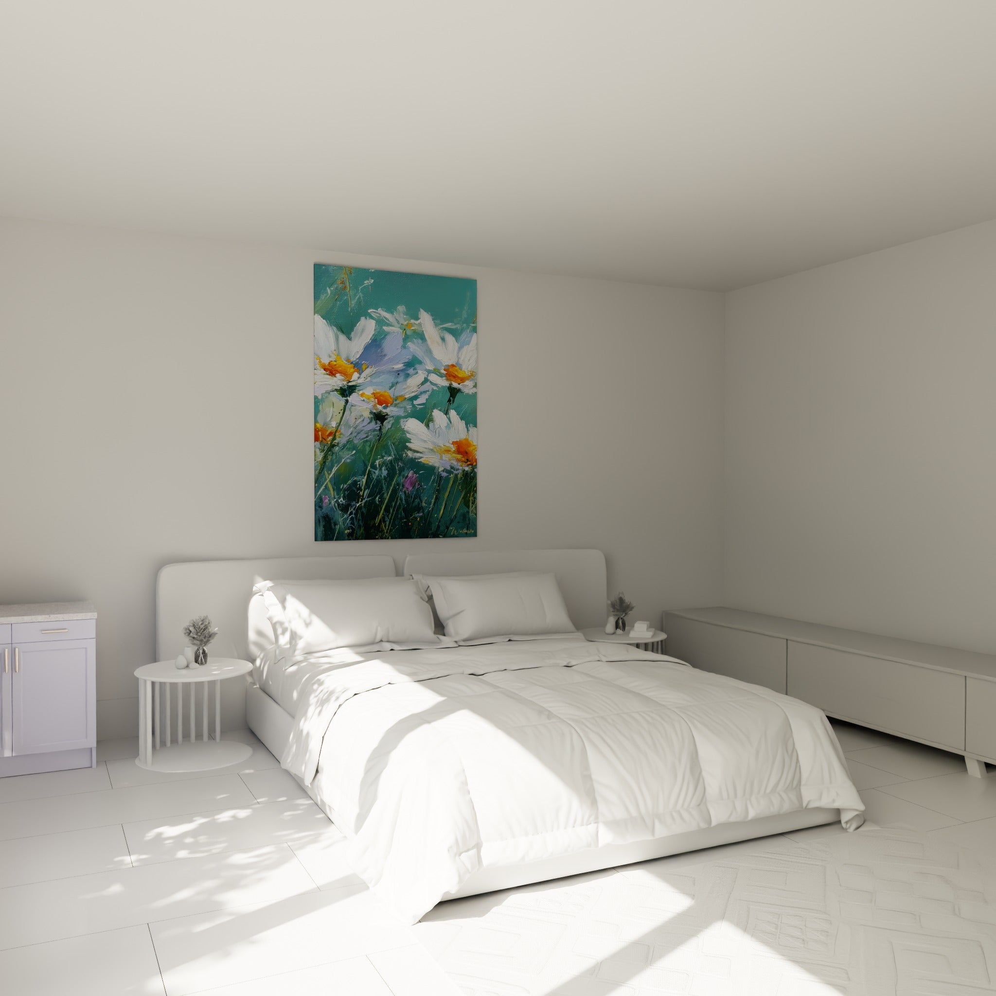 Bouquet de marguerites blanches et orangées au-dessus d'un lit dans une chambre claire et apaisante