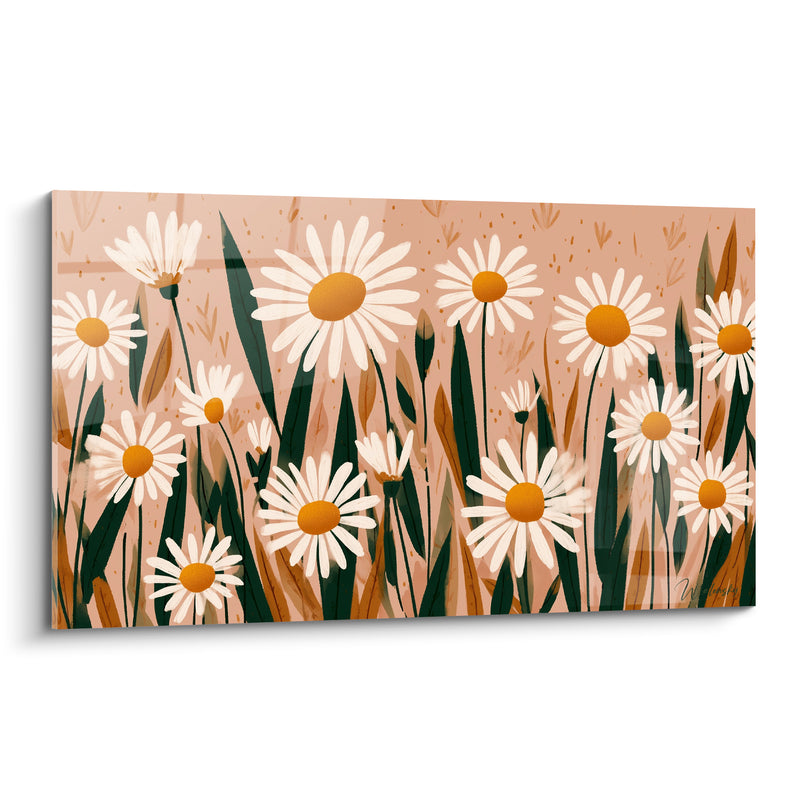 Tableau Marguerites blanches et vertes aux longues feuilles pointues - Rangée serrée de fleurs - Edition Marguerite