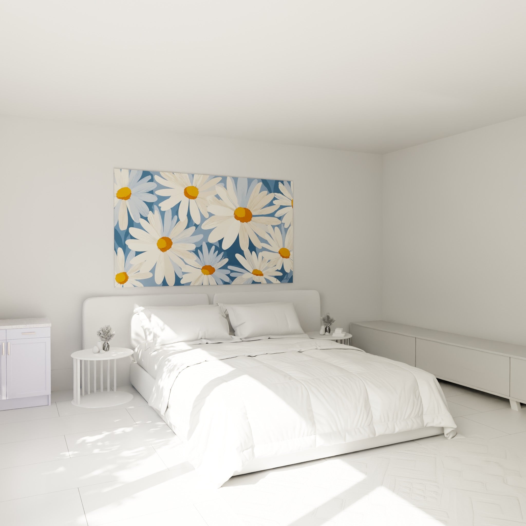 Fleurs de marguerite blanc crème et bleu pastel placées au-dessus d'un lit dans une chambre claire