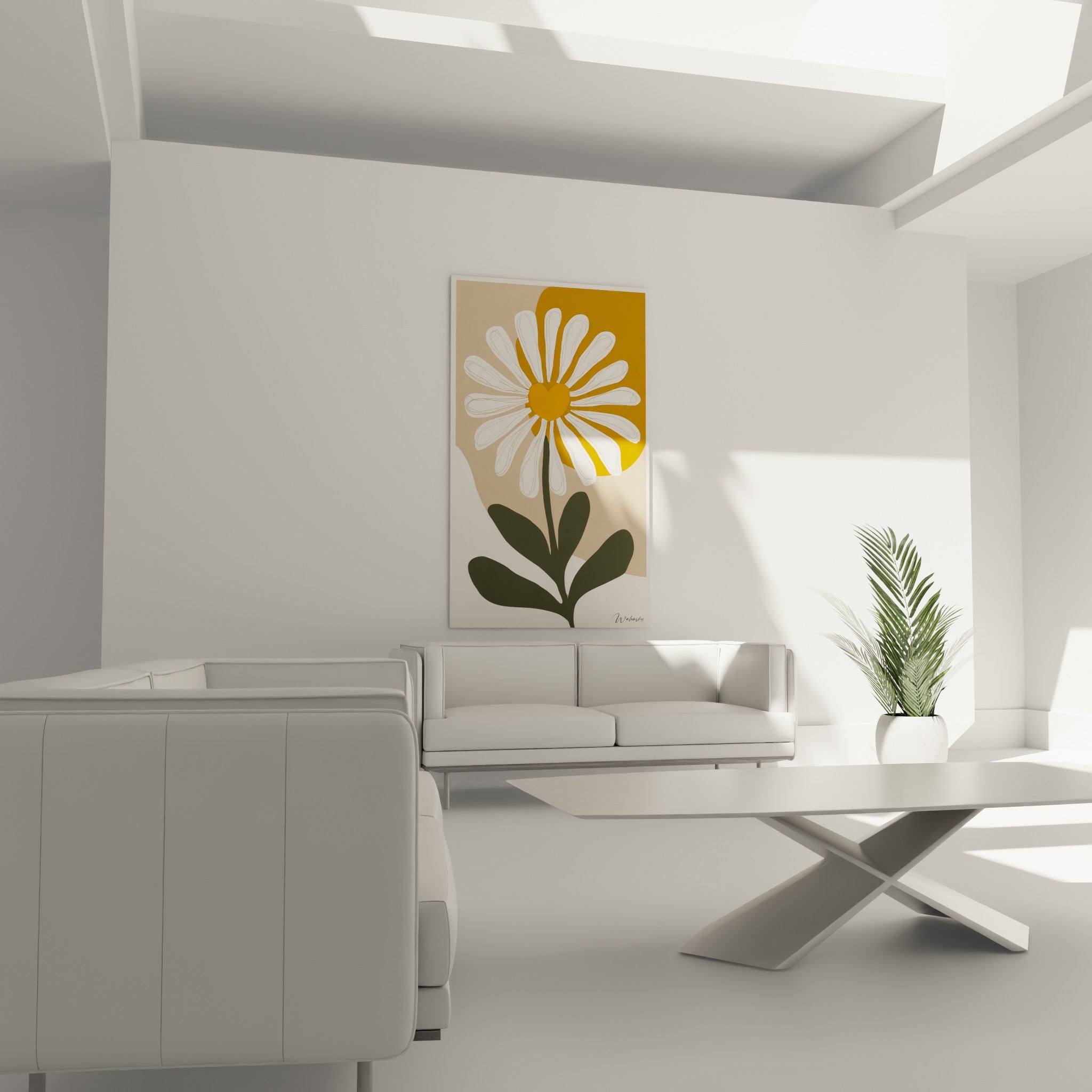 Pétales blancs de la Marguerite se détachant sur un fond ocre doré, au-dessus d'un canapé dans un salon lumineux