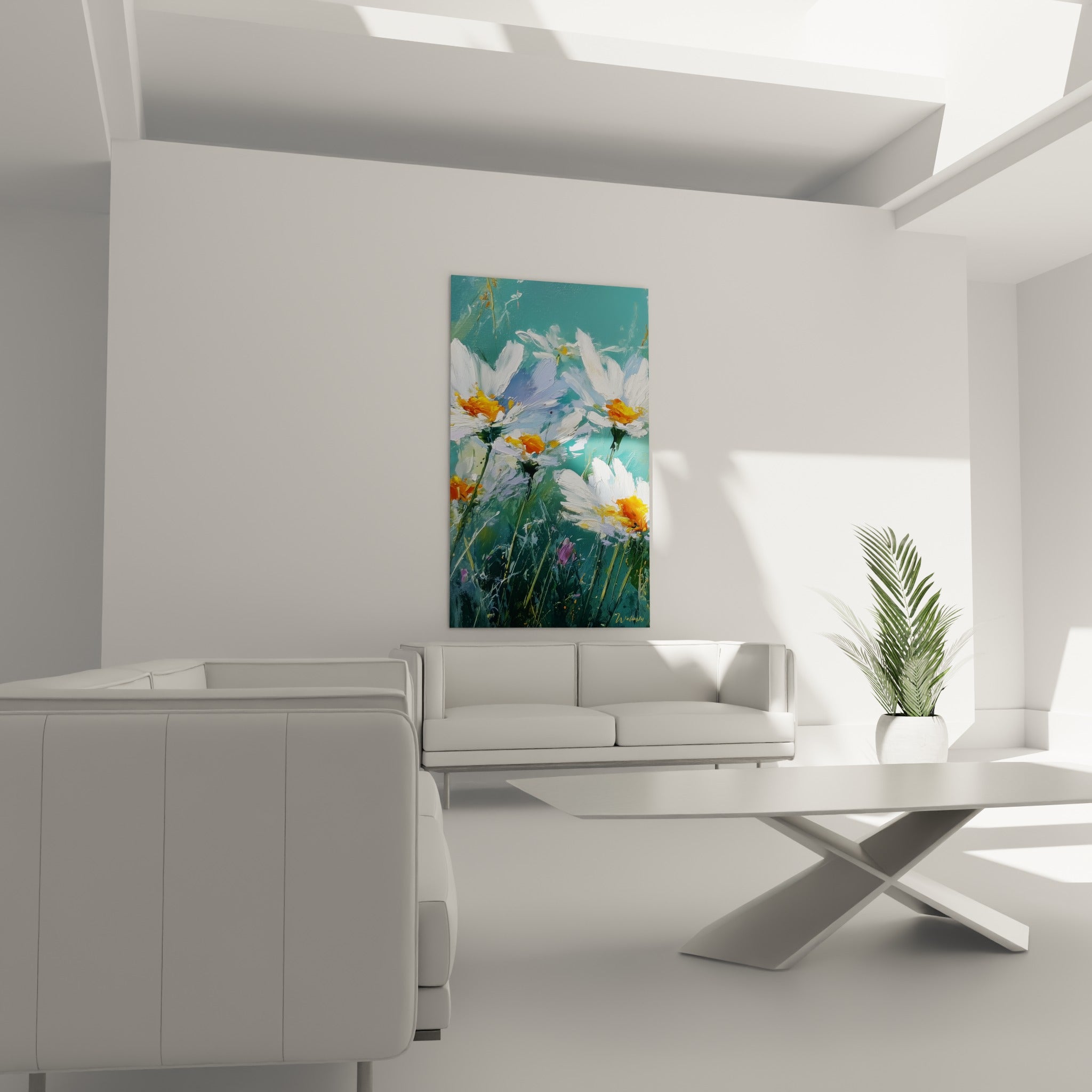 Fleurs de marguerite blanches à cœurs orangés au-dessus d'un canapé dans un salon lumineux et accueillant