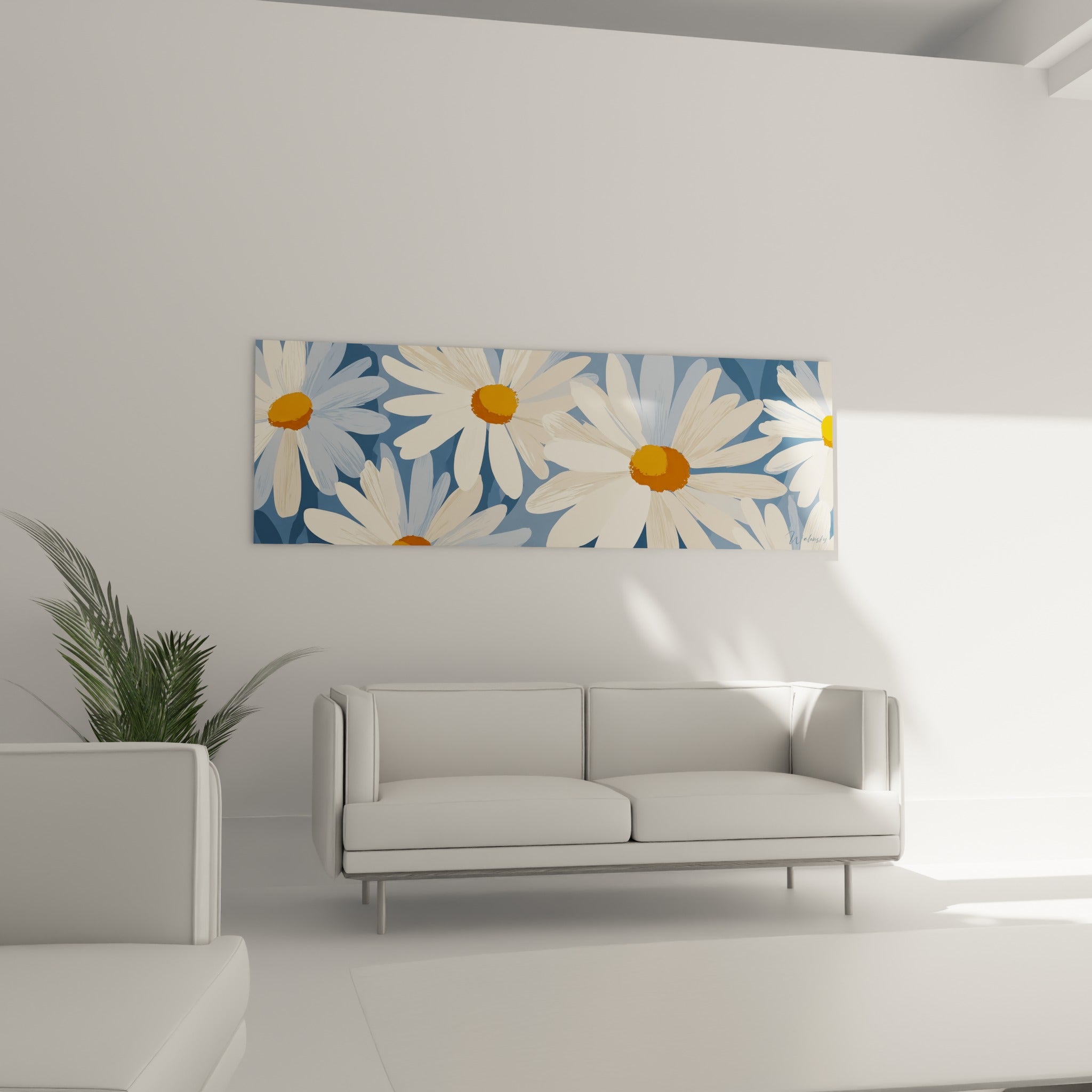 Pétales de marguerite blanc cassé et coeur doré au-dessus d'un canapé dans un salon lumineux
