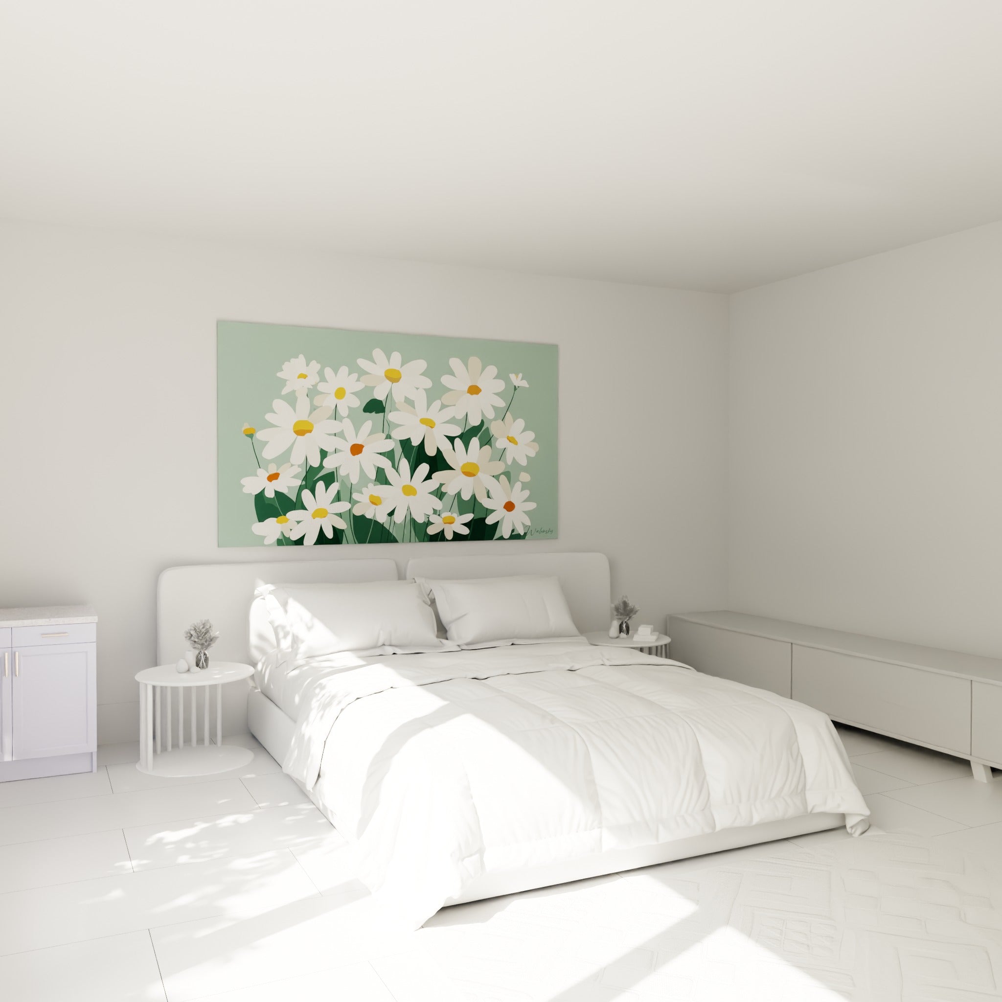 Bouquet de marguerites blanches et vert sauge accroché au-dessus d'un lit dans une chambre claire