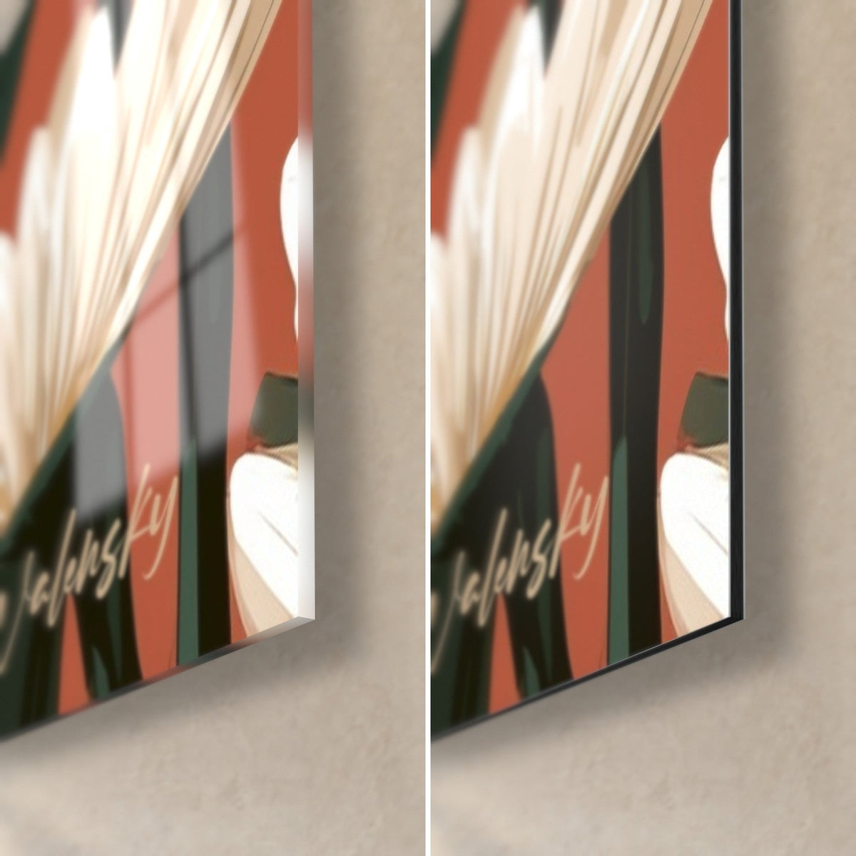 Schilderij ivoorkleurig madeliefjesveld, rechtsonder: glanzend glas links, mat Dibond rechts, terracotta en donkergroen