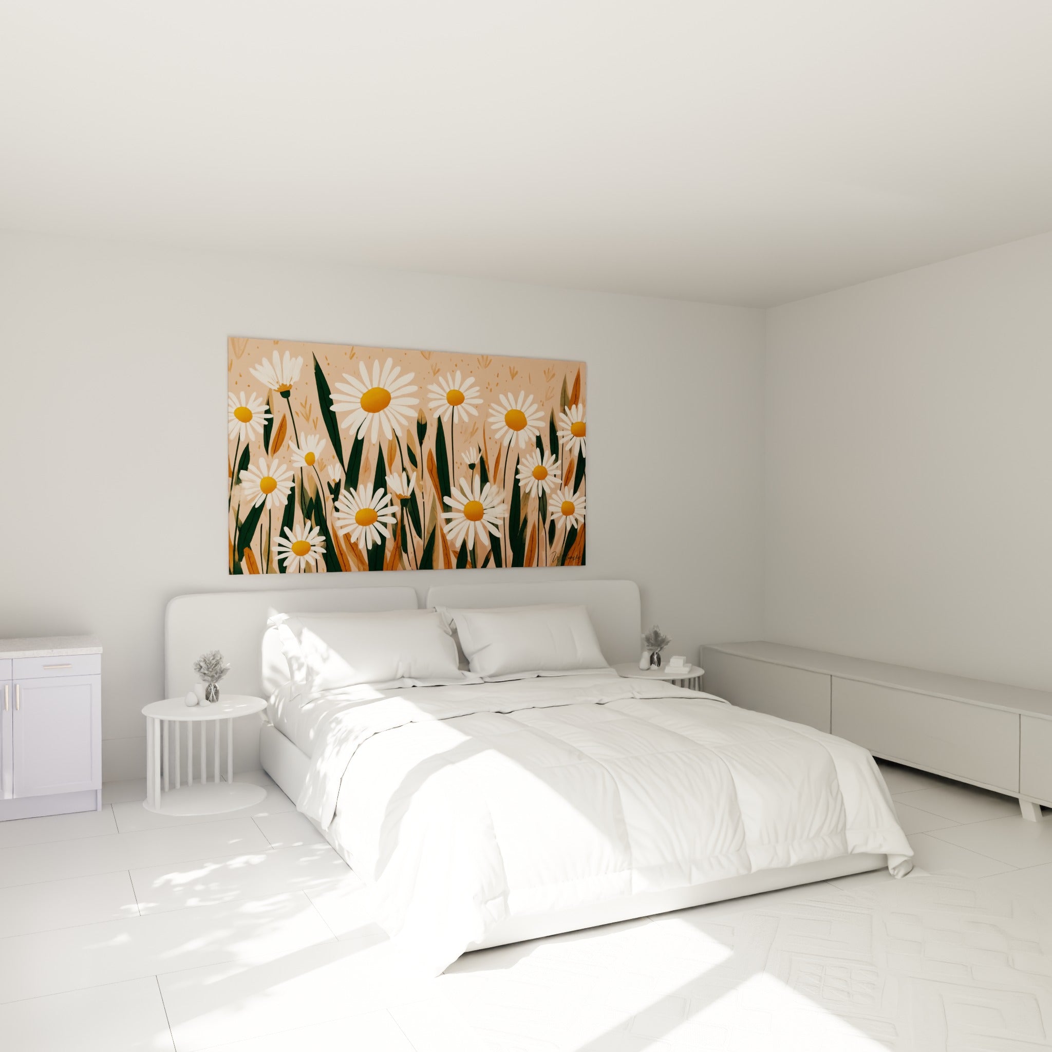 Champ de marguerites blanches et cœurs orangés sur terracotta, accroché au-dessus d'un lit dans une chambre claire
