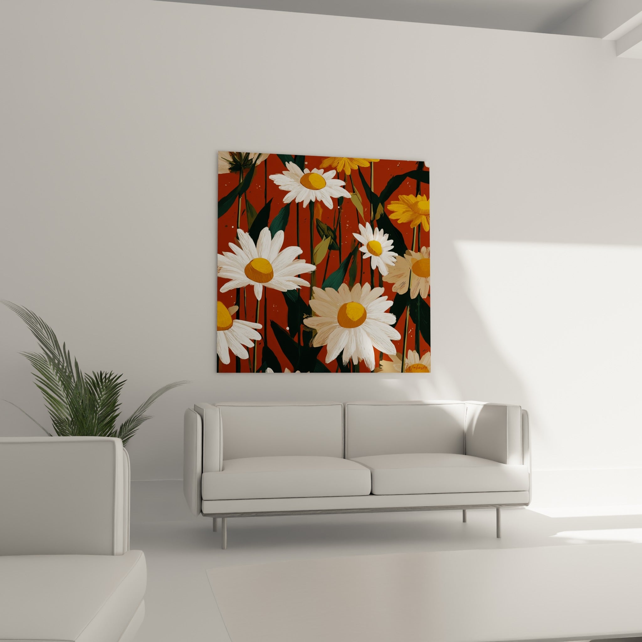 Marguerites dorées et terracotta au-dessus d'un canapé dans un salon lumineux