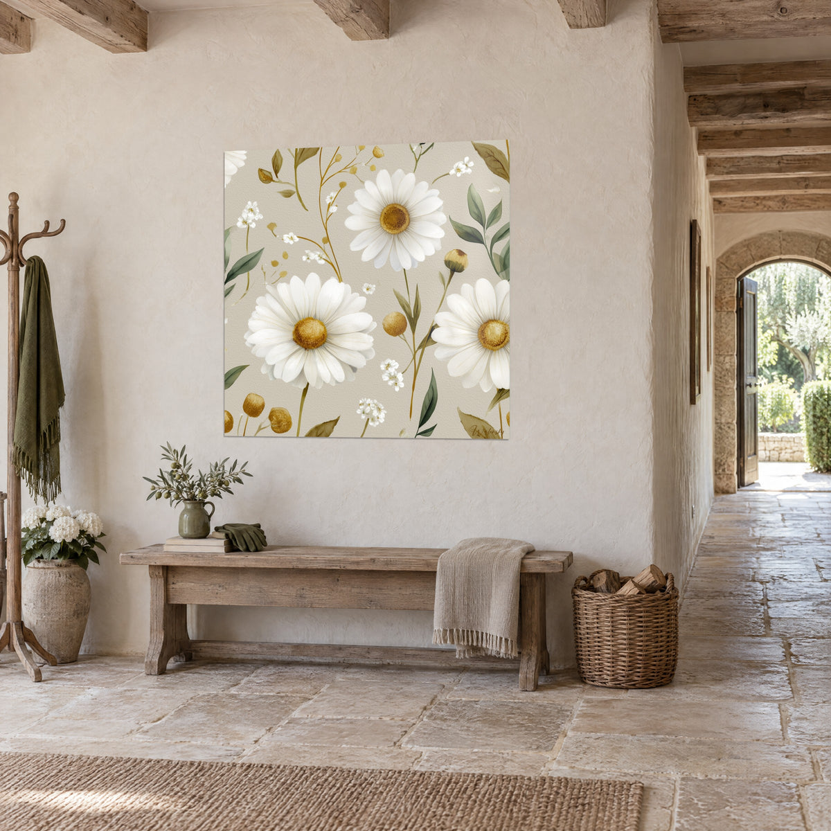 Quadro fiori di gypsophila sparsi e petali avorio su fondo tortora, steli dorati, in un corridoio di pietra, vista di tre quarti
