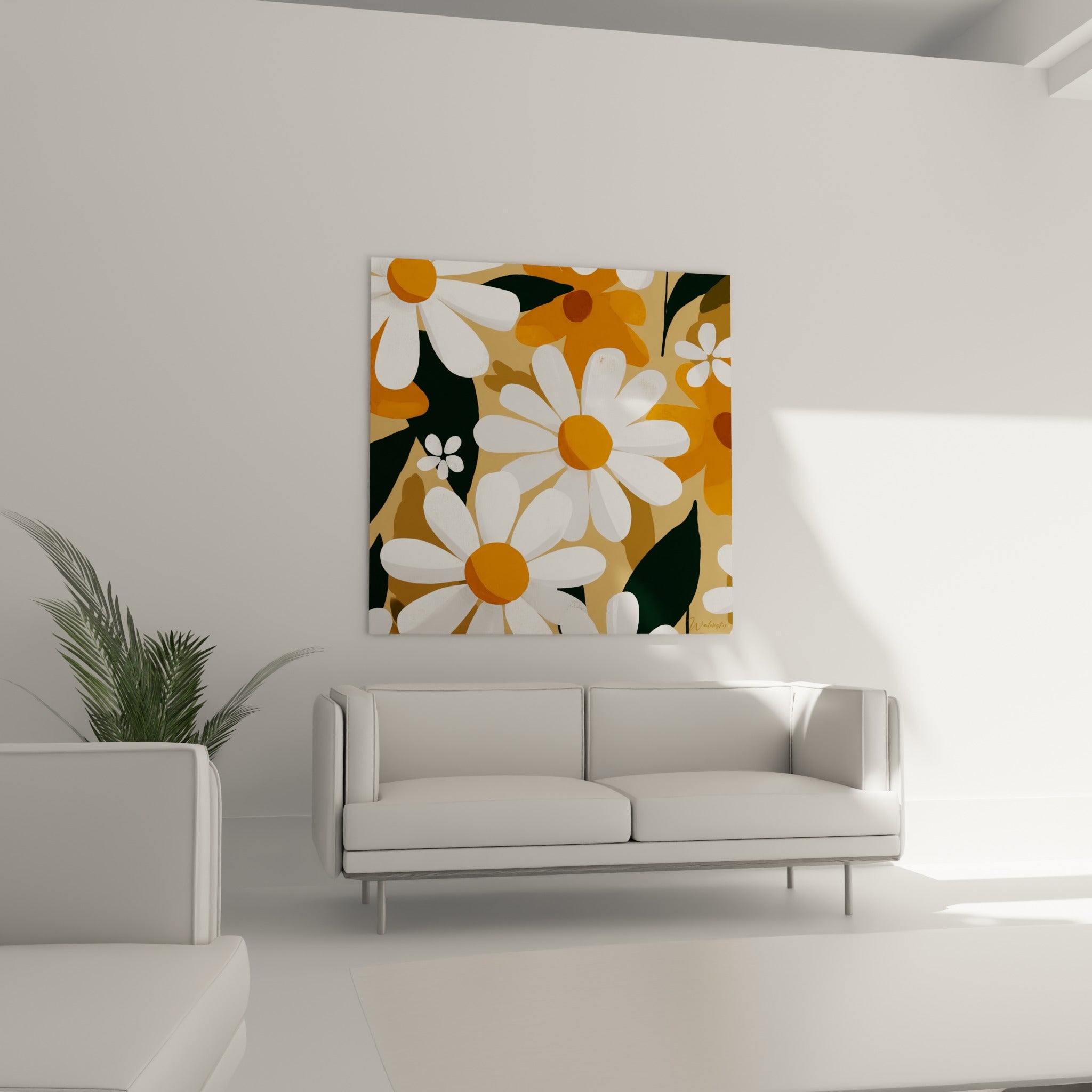 Pétales blancs et cœurs orange de Marguerite disposés au-dessus d'un canapé dans un salon lumineux