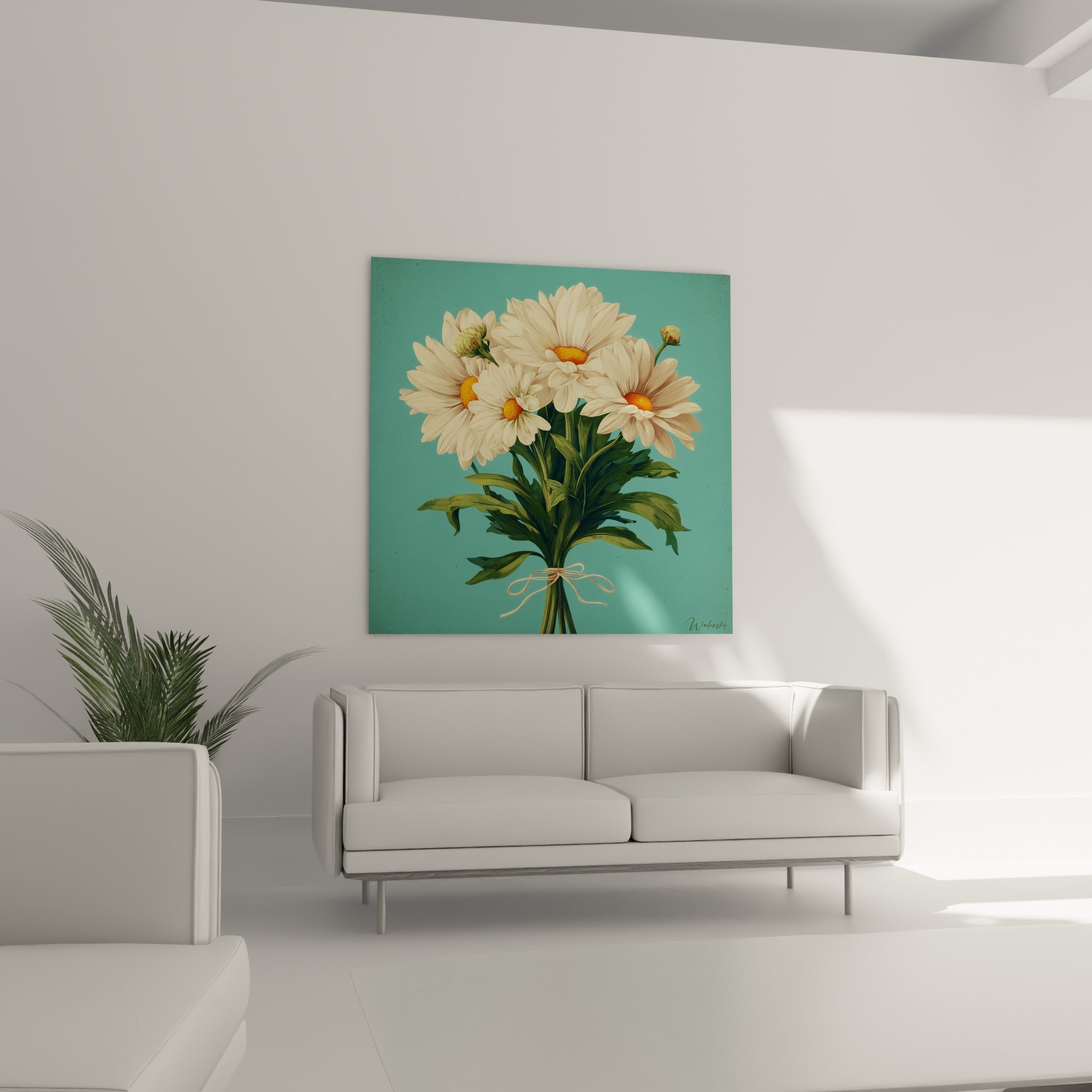 Fleurs blanches aux cœurs orangés du bouquet marguerite, au-dessus d'un canapé dans un salon lumineux
