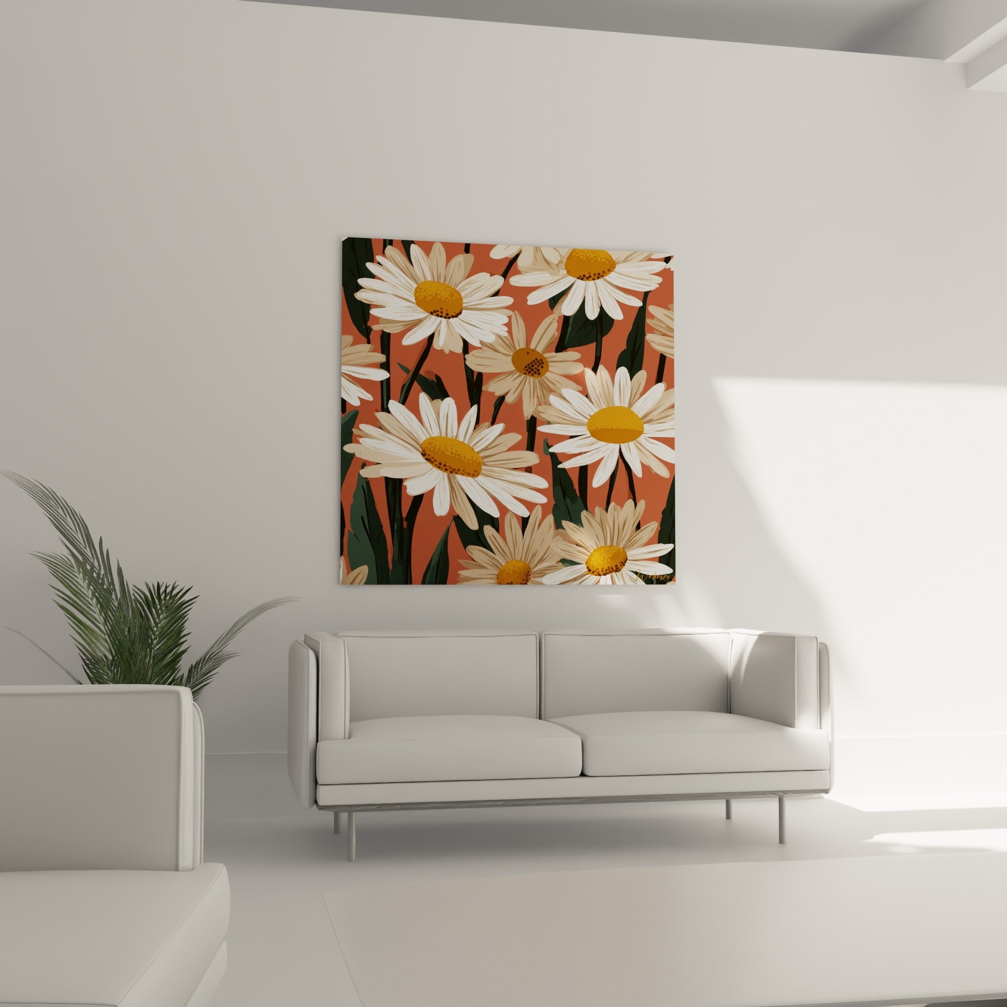 Marguerites aux pétales crème et fond corail chaud, au-dessus d'un canapé dans un salon lumineux.