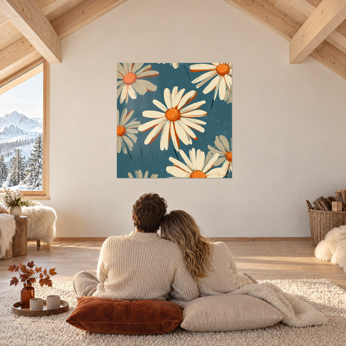 Cuadro de floración de margaritas gráficas en crema y naranja sobre azul petróleo, pareja abrazada de espaldas sobre una alfombra clara, chalet