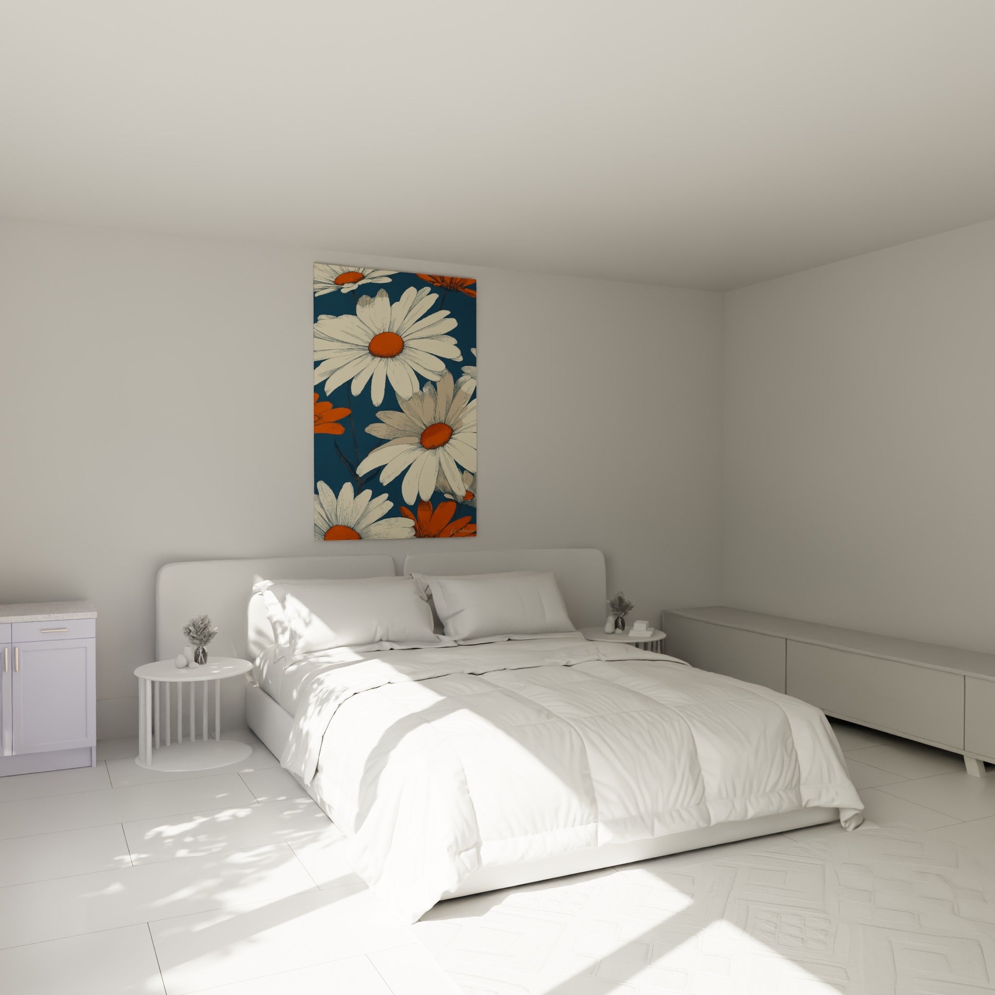 Bouquet de marguerites crème et orangées accroché au-dessus d'un lit dans une chambre claire
