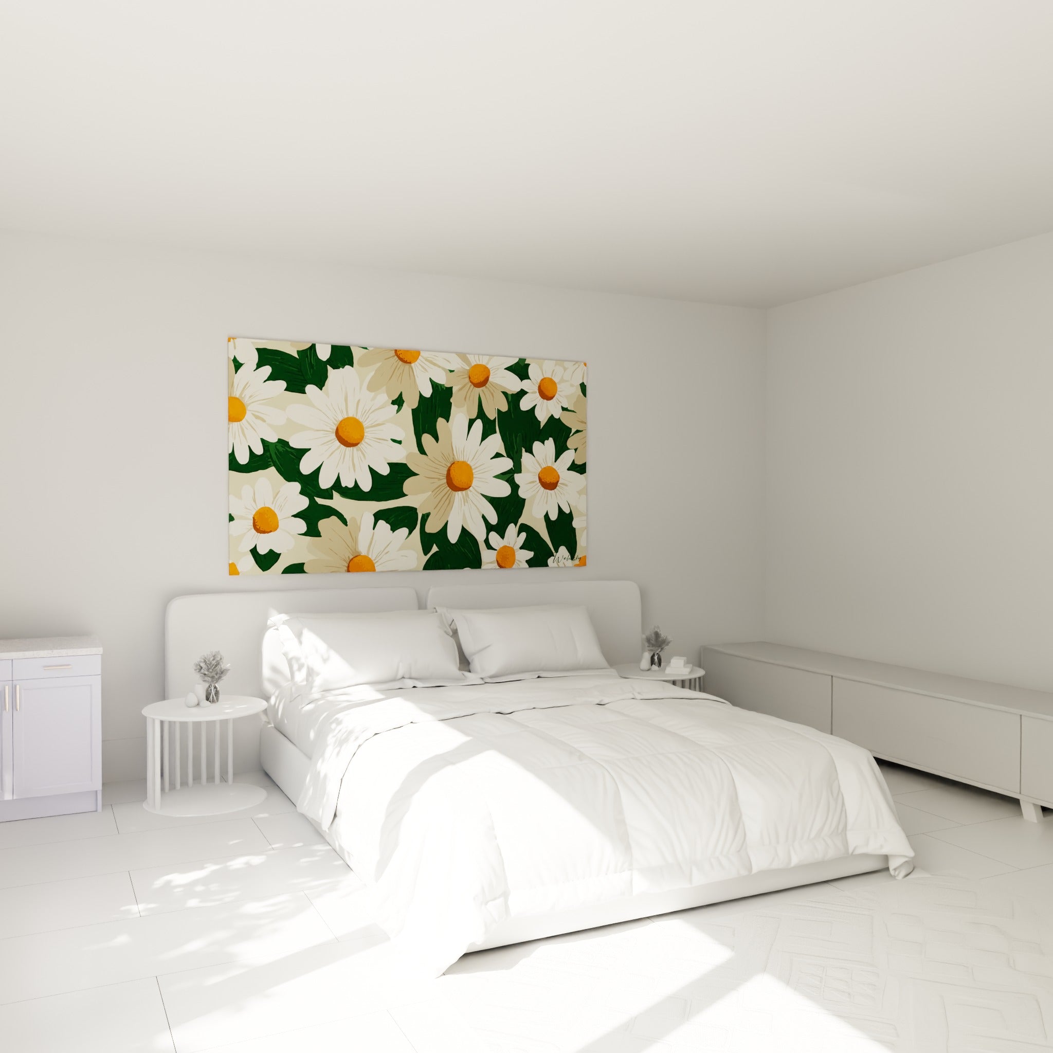 Bouquet de marguerites crème et orangées au-dessus d'un lit dans une chambre claire et lumineuse.