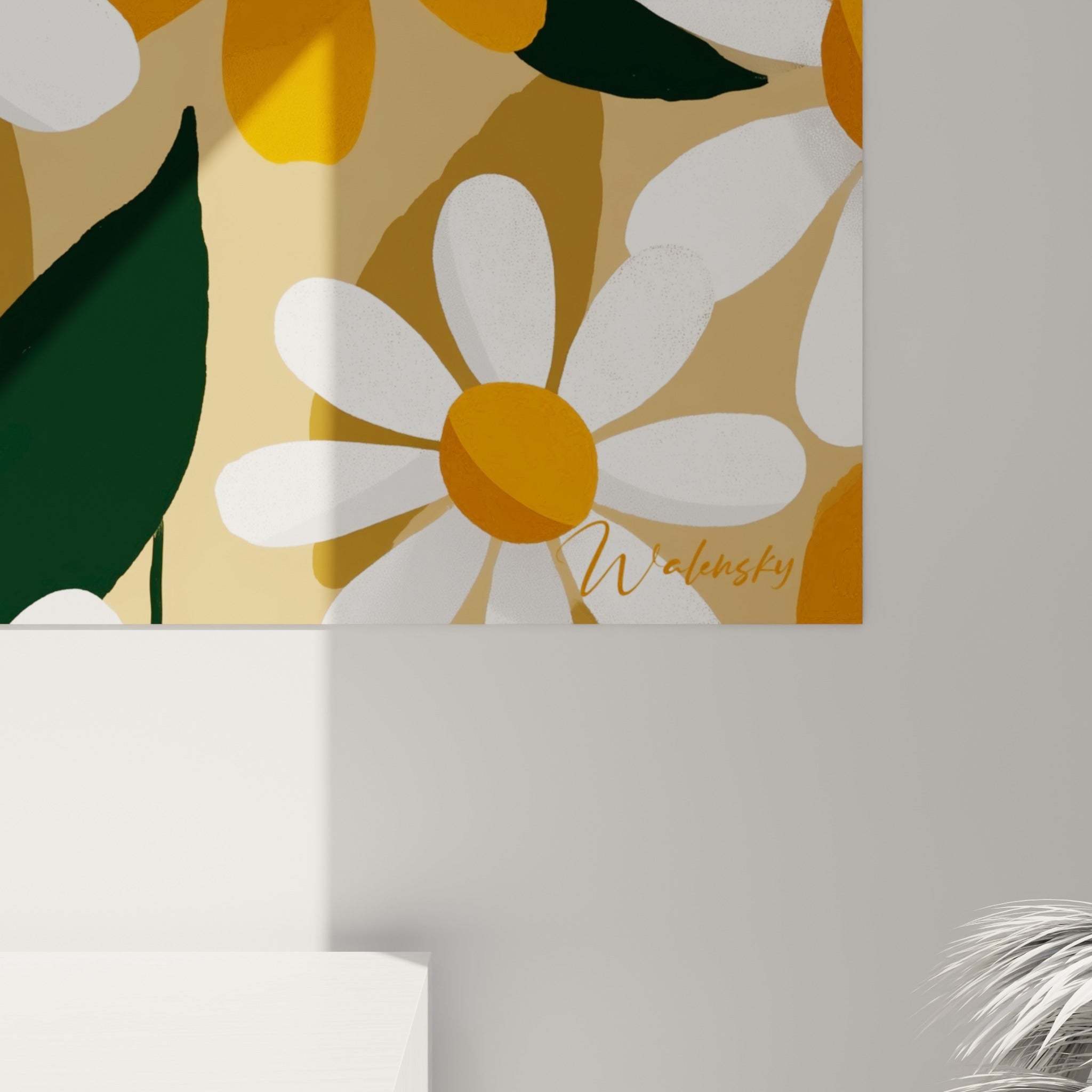 Détail des pétales blancs texturés et du cœur orange vif d'une marguerite peinte