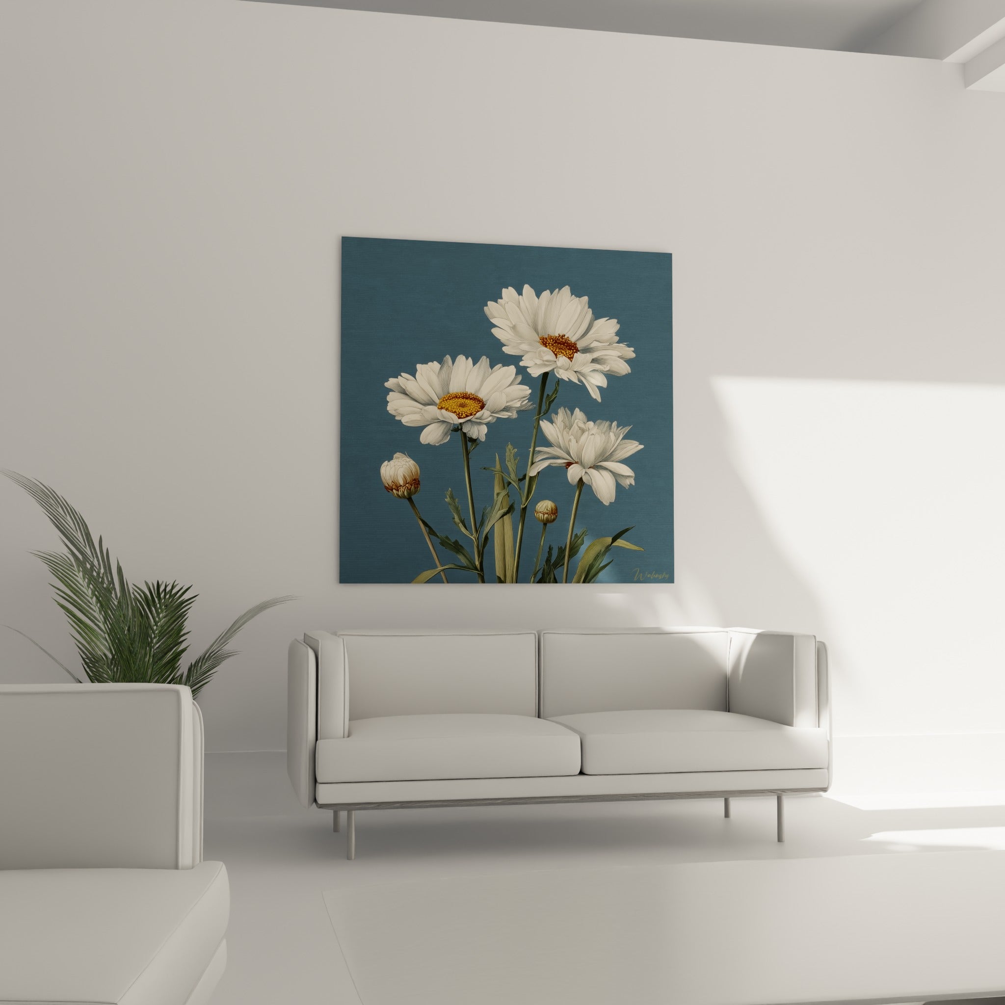 Fleurs de marguerite blanches détaillées sur fond bleu profond, placées au-dessus d'un canapé dans un salon lumineux