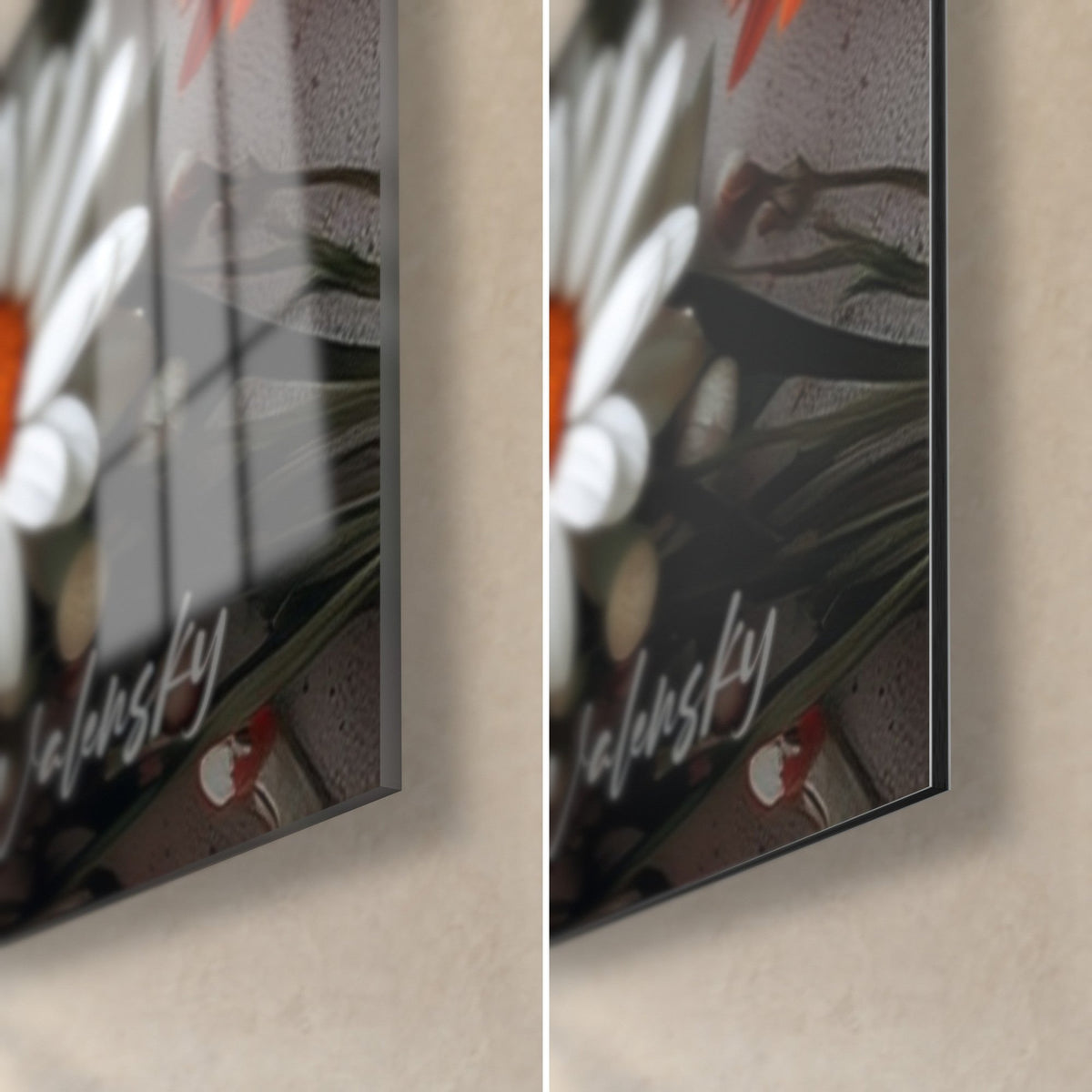 Wall art white daisy blooms, orange petals and sage-green leaf, bottom right corner: glossy glass on the left, matte Dibond on the right, 3 mm edge