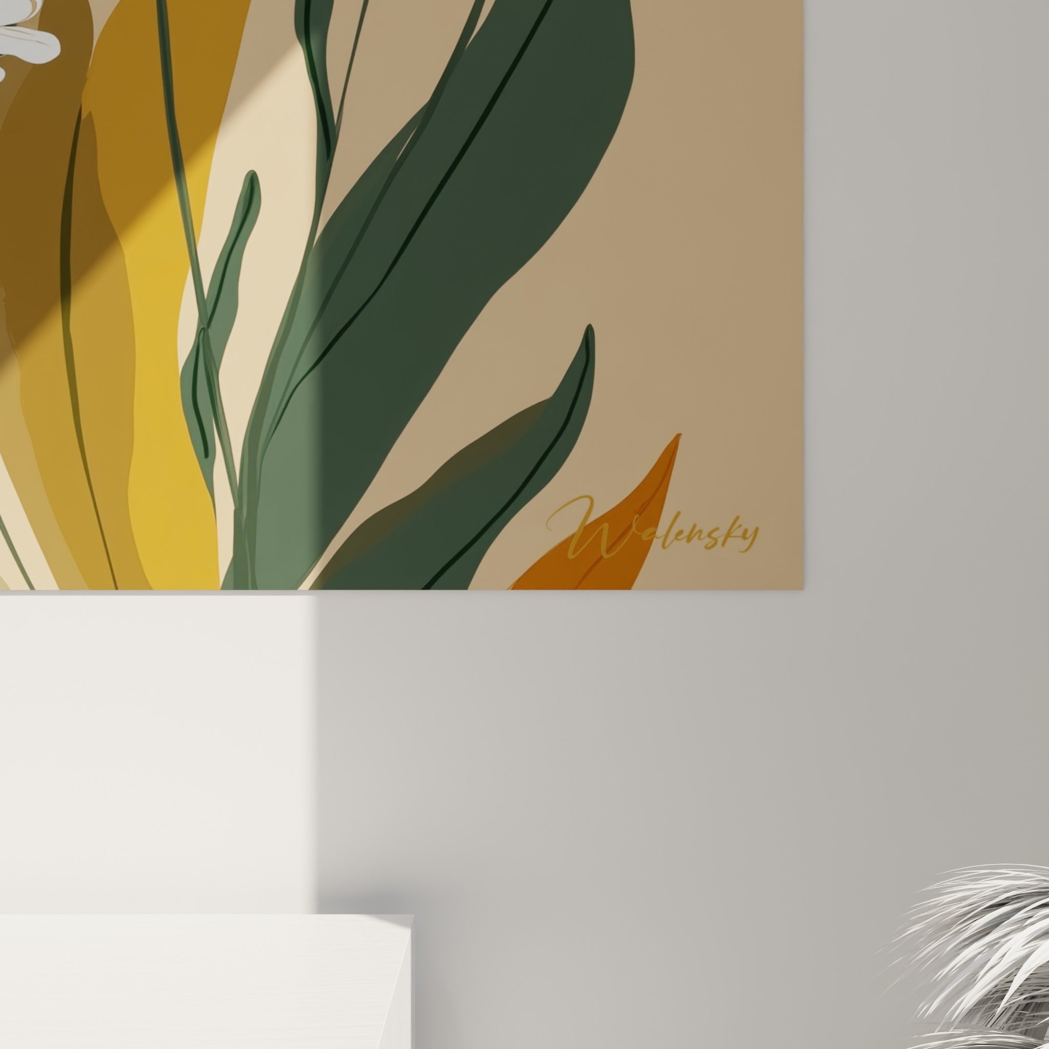 Détail des pétales blancs et du cœur orangé des marguerites, grain fin et traits graphiques visibles