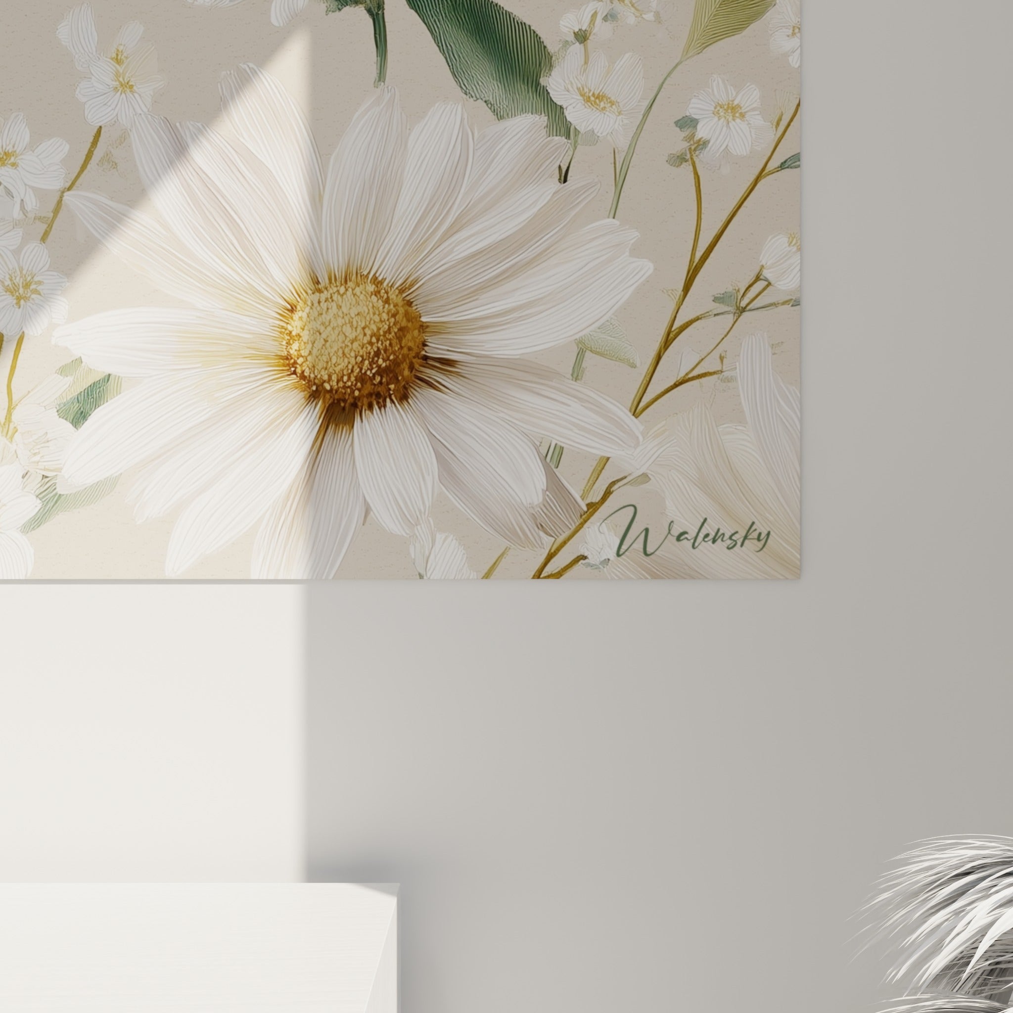 Détail des nervures fines sur les pétales blancs et du cœur doré texturé de la marguerite peinte