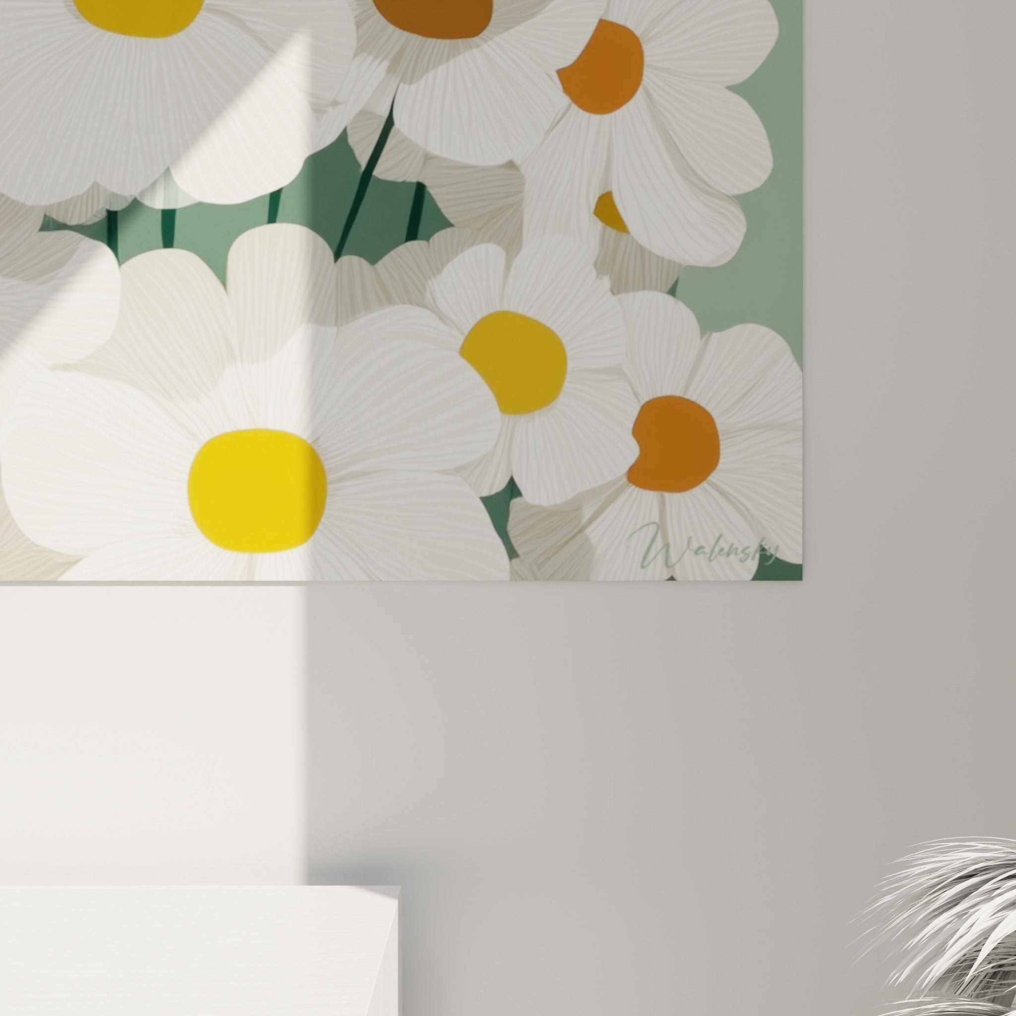 Détail des pétales striés blancs et du cœur doré d'une marguerite, matière lisse et couleurs franches