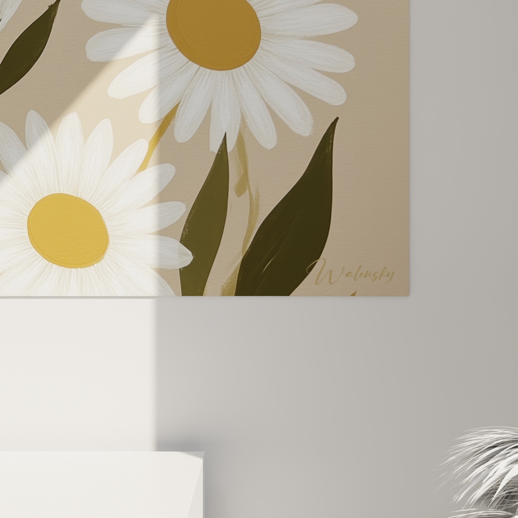 Détail des pétales blancs et du cœur doré d'une marguerite, grain et matière de l'impression