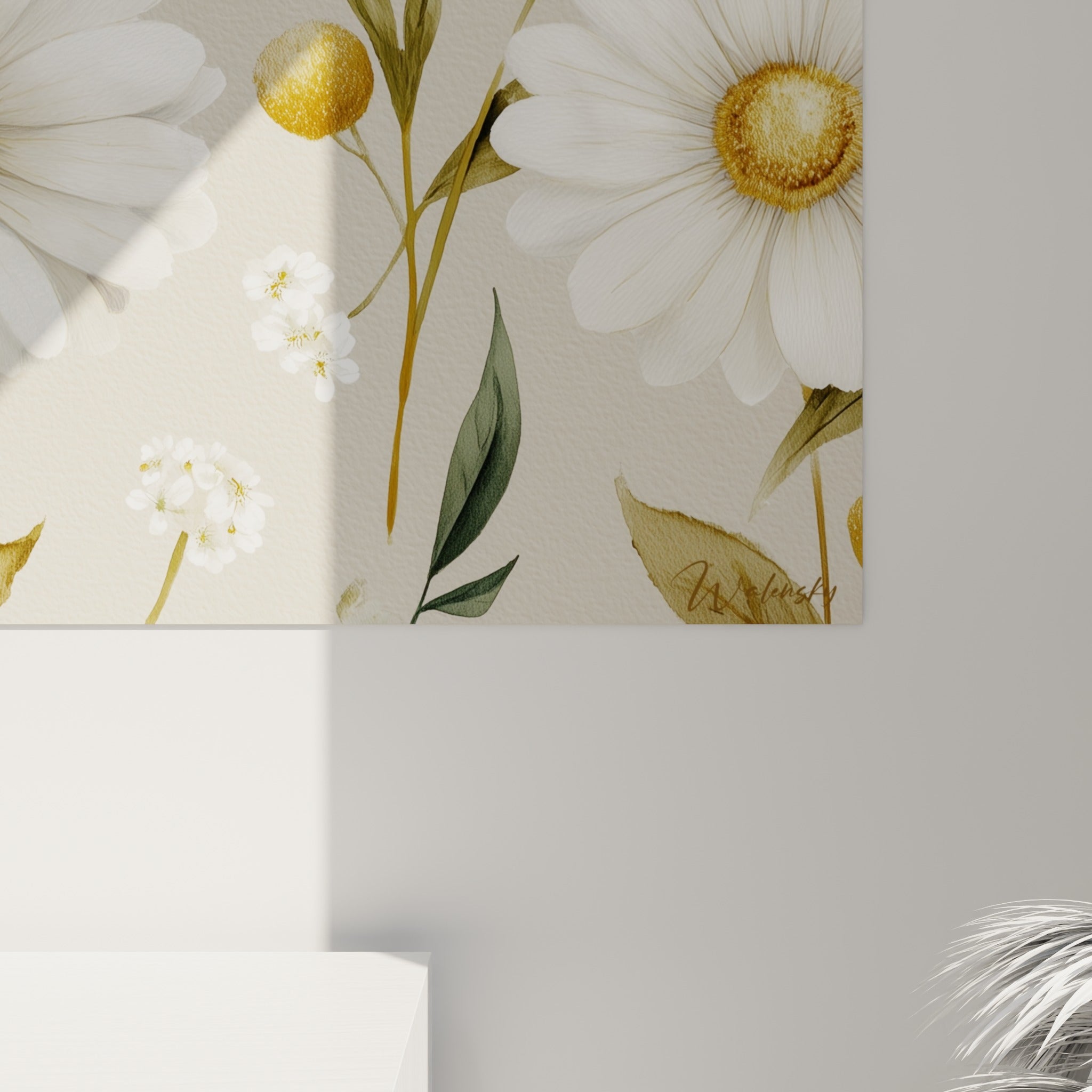Détail des pétales blancs et du cœur doré texturé d'une marguerite, grain visible de la peinture