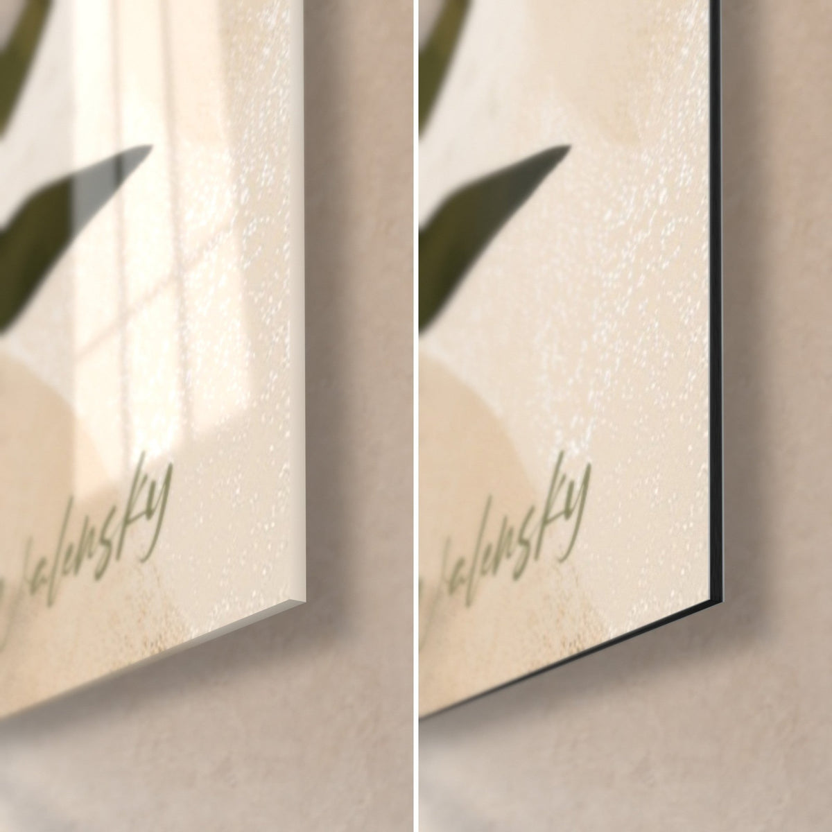 Quadro di donna in terracotta con margherite bianche, angolo in basso a destra in vetro acrilico lucido e Dibond in alluminio opaco, bordo nero da 3 mm