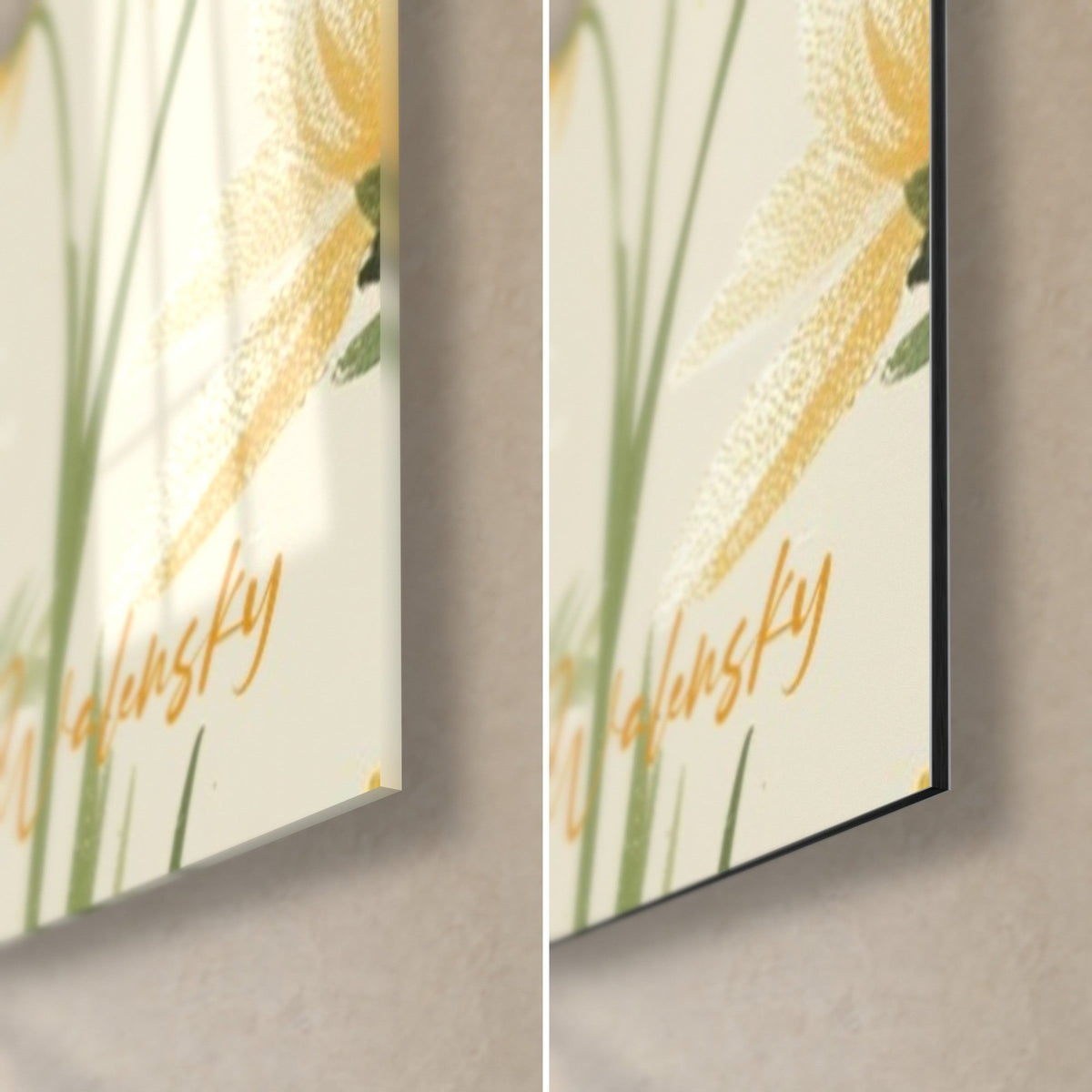 Wall art white flowers with grainy petals, bottom right corner in glossy glass with reflections and matte black Dibond, 3 mm edge
