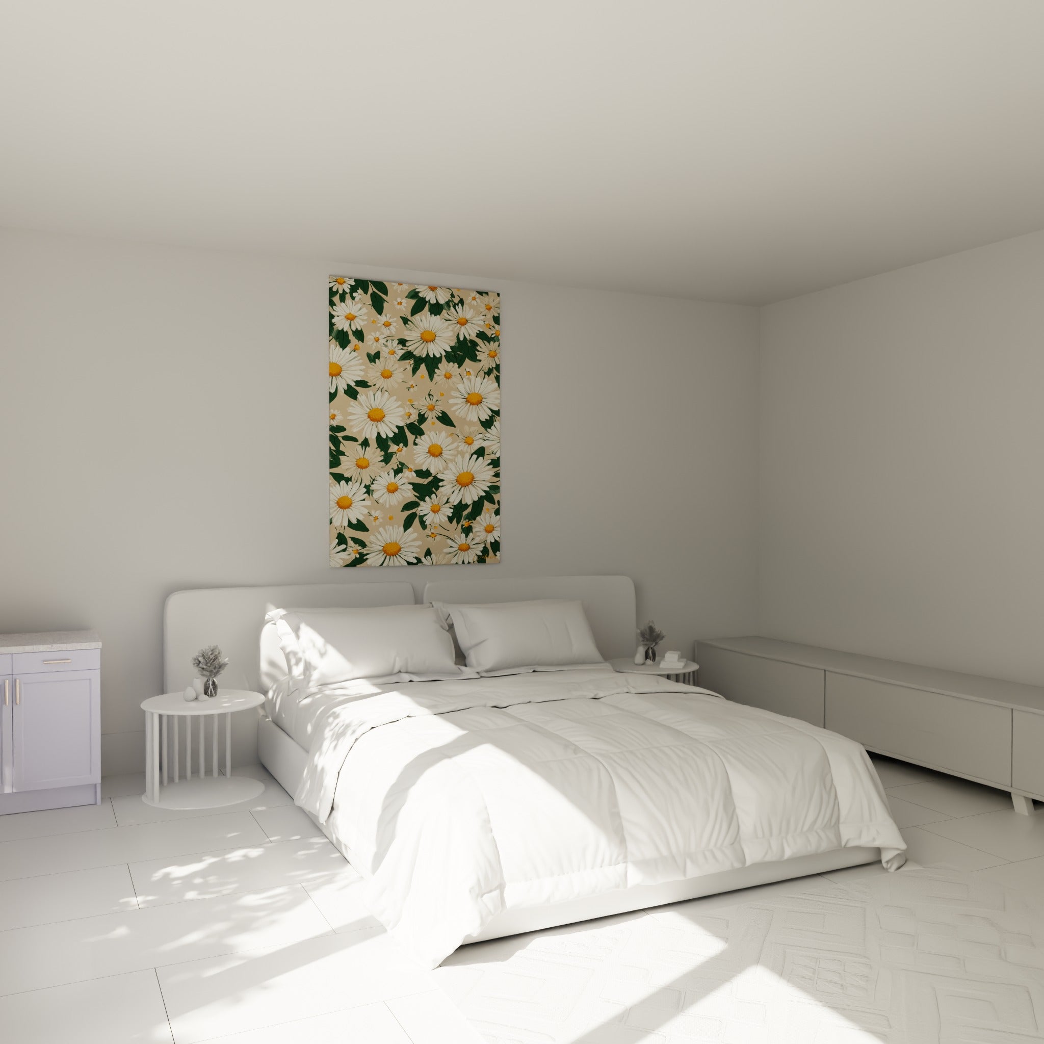Marguerite blanche et dorée aux pétales délicats, accrochée au-dessus d'un lit dans une chambre claire