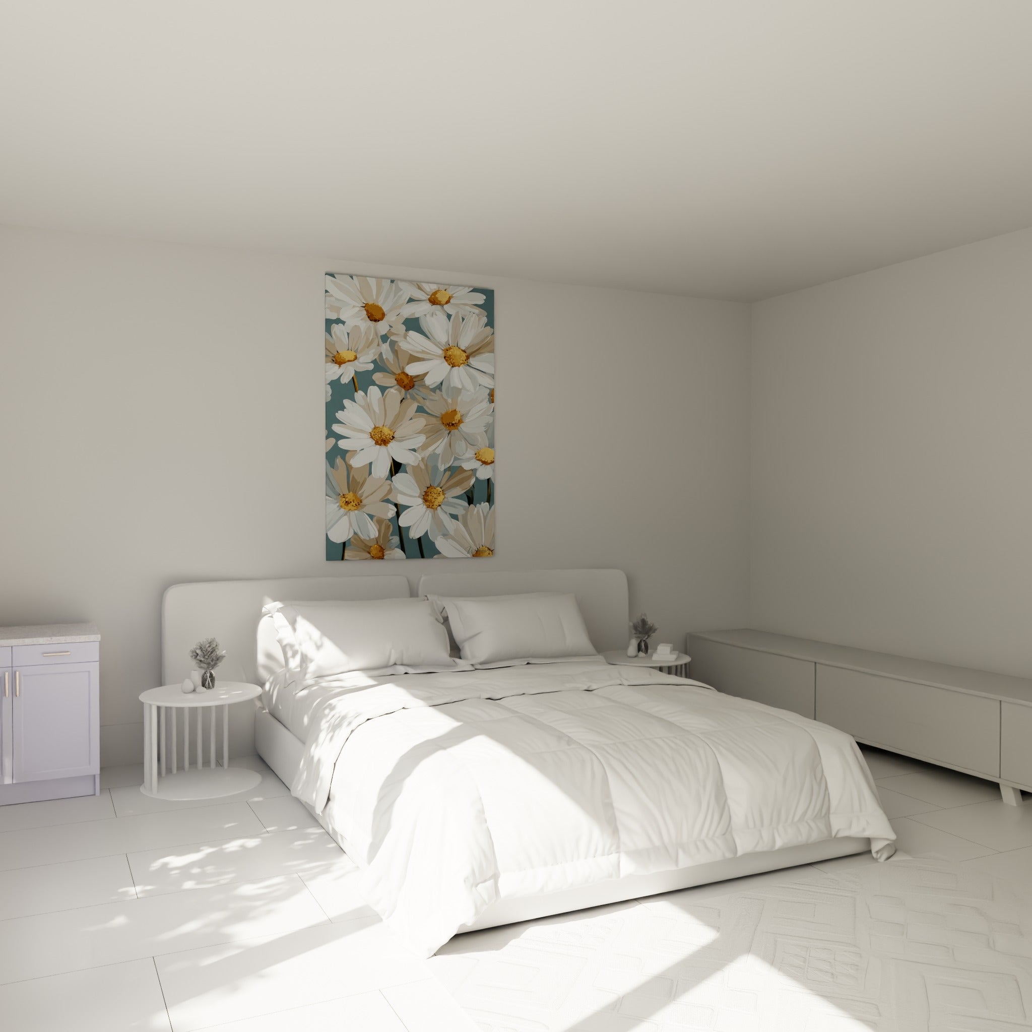 Marguerites blanches et dorées illustrées avec douceur, accrochées au-dessus d'un lit dans une chambre claire
