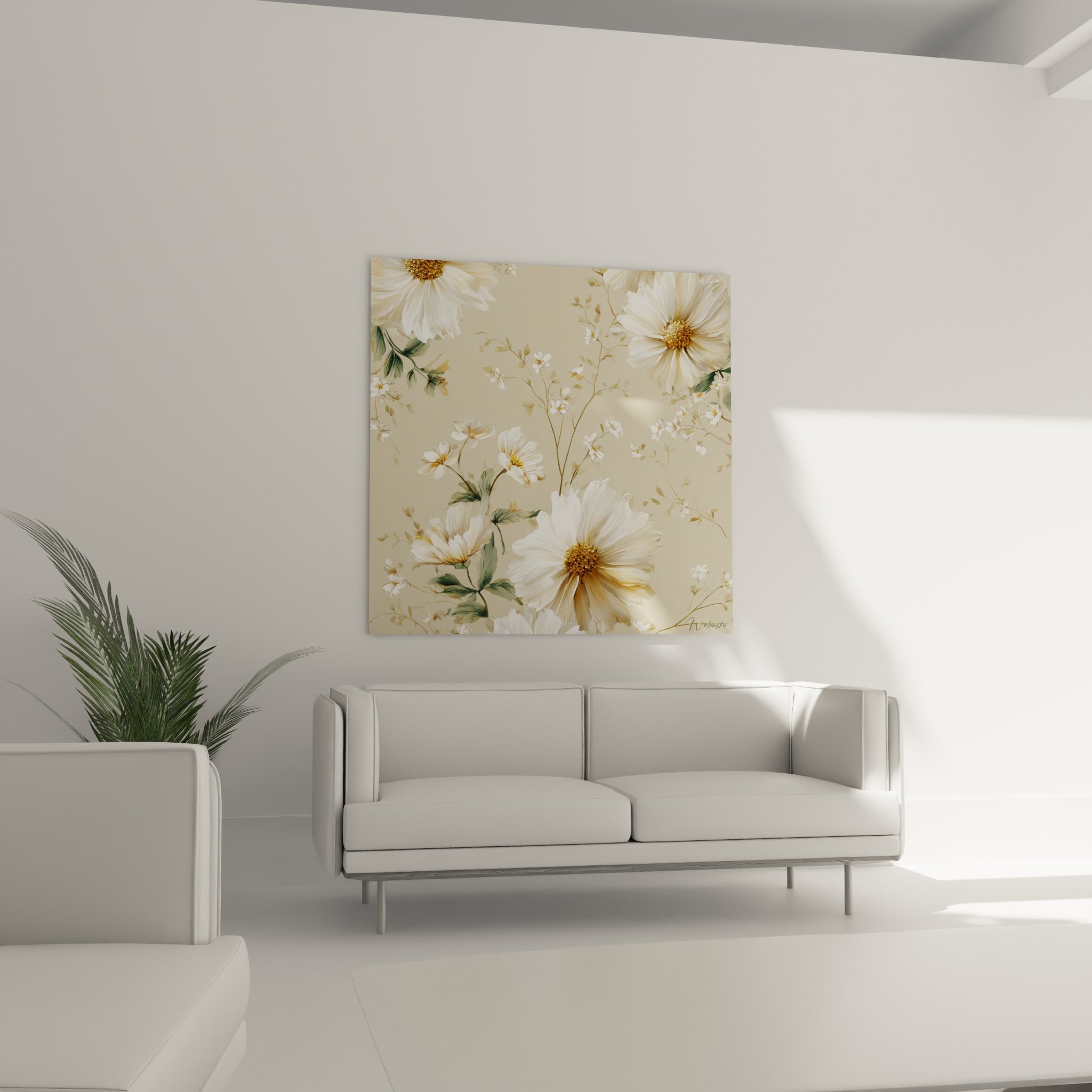 Marguerites ivoire et beige aux pétales fins, au-dessus d'un canapé dans un salon lumineux