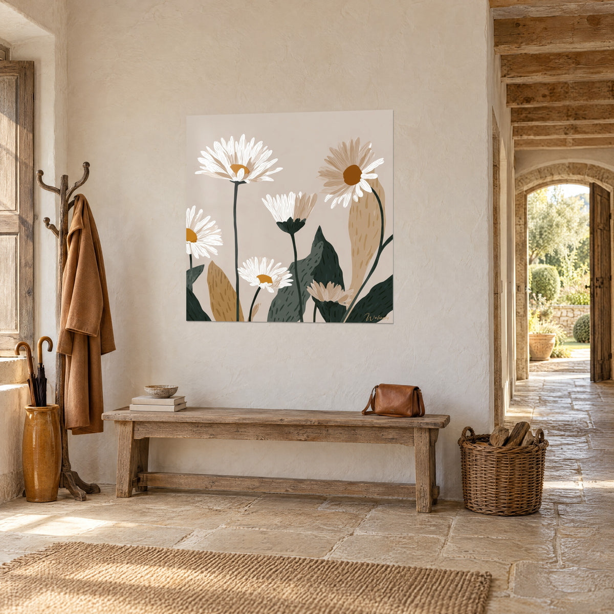 Quadro con fiori di margherita dai petali avorio e beige, steli verde bosco, vista di tre quarti accanto a un arco in pietra