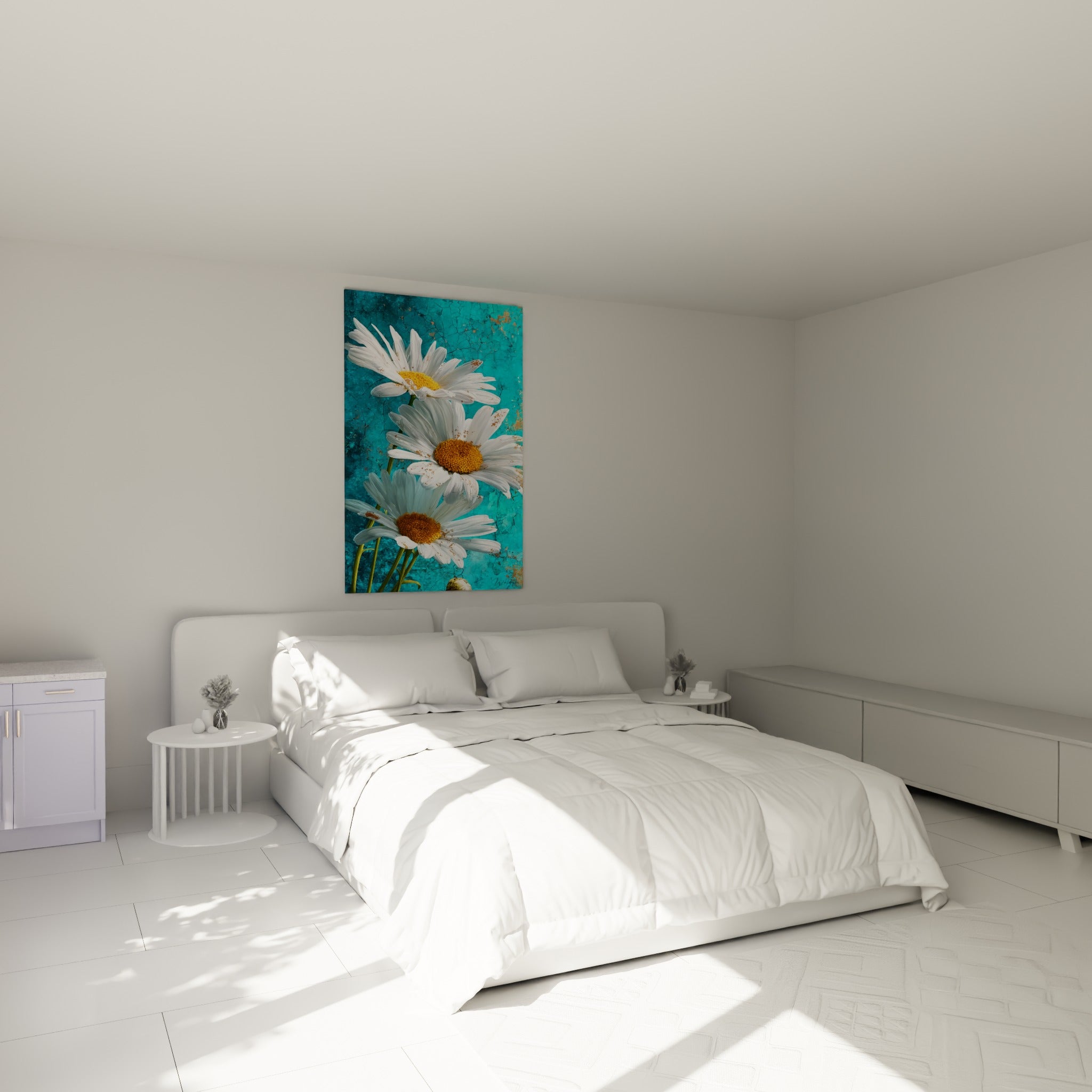 Marguerites blanches et cœurs jaune doré accrochées au-dessus d'un lit dans une chambre claire