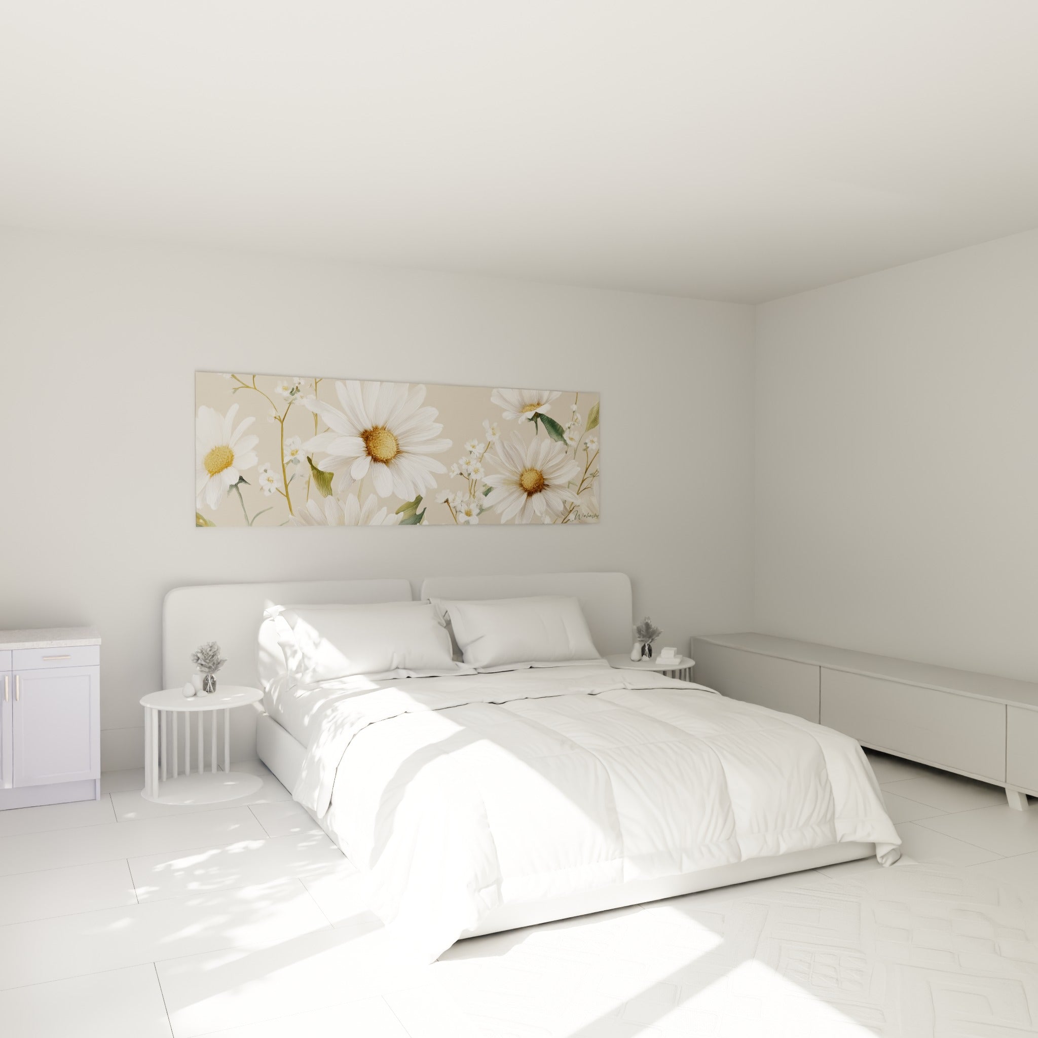 Fleurs de marguerite blanches et dorées, tableau accroché au-dessus d'un lit dans une chambre claire