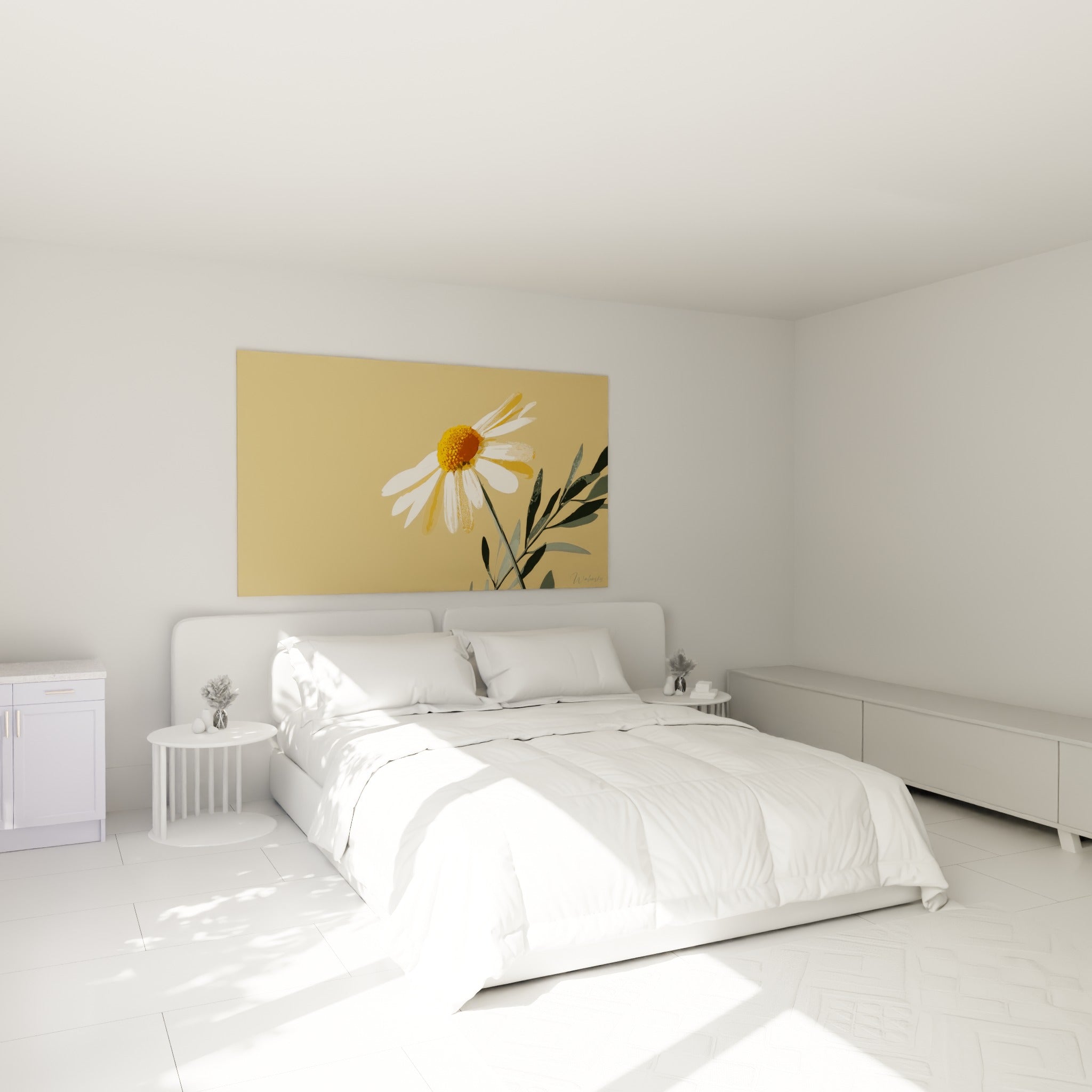 Fleur de marguerite blanche et dorée au-dessus d'un lit dans une chambre claire