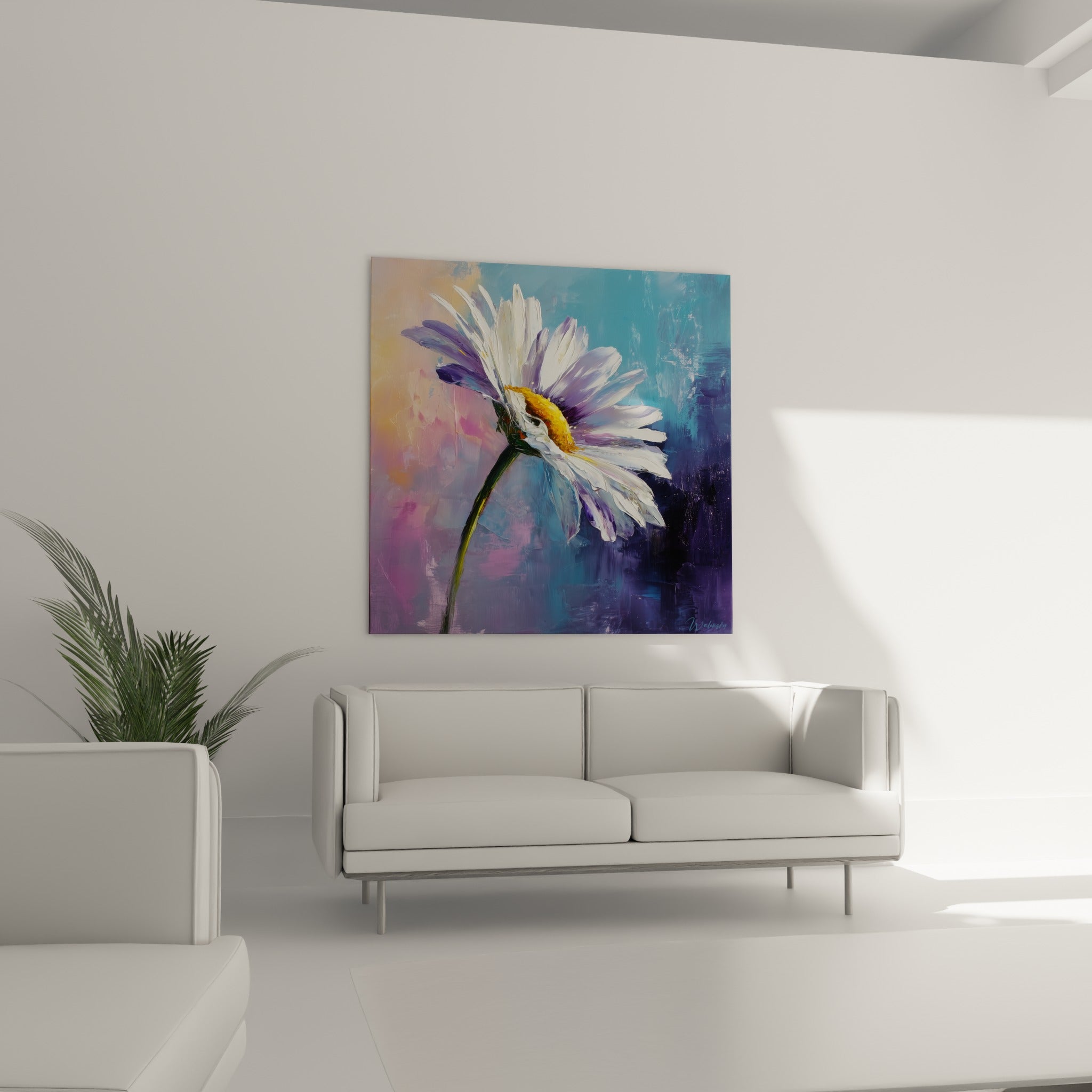Pétales de marguerite violette et blanche au-dessus d'un canapé dans un salon lumineux