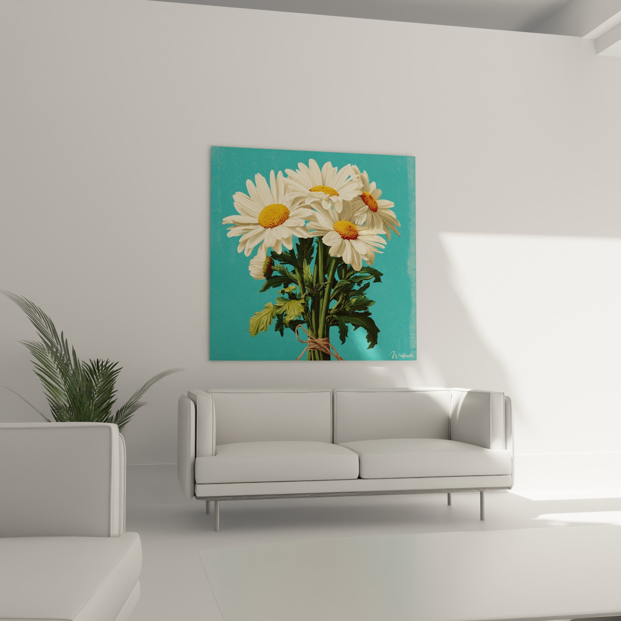 Bouquet de marguerites noué de raphia brun placé au-dessus d'un canapé dans un salon lumineux