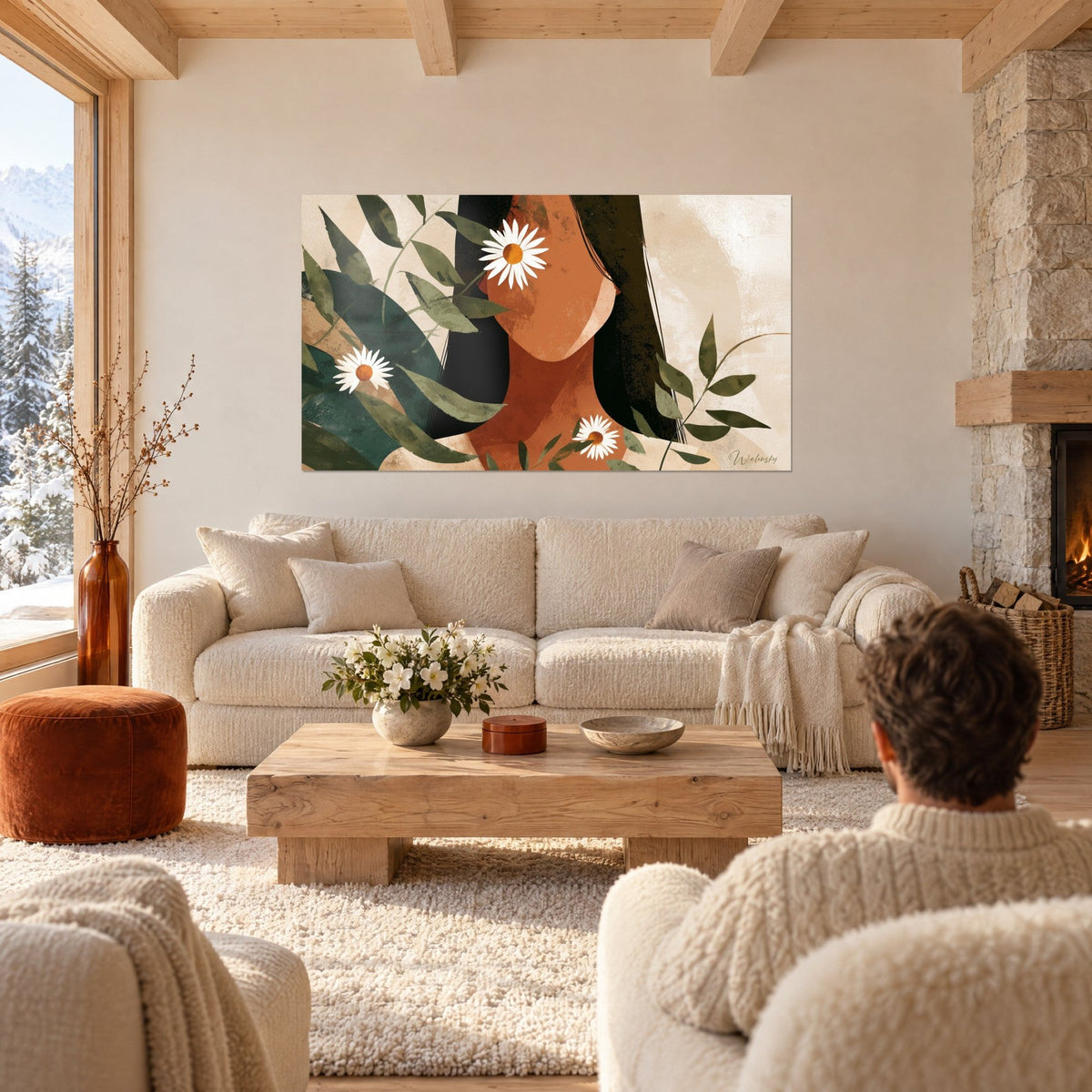 Quadro di silhouette femminile in terracotta con lunghi capelli neri, margherite bianche e fogliame verde, sopra un divano in un soggiorno luminoso