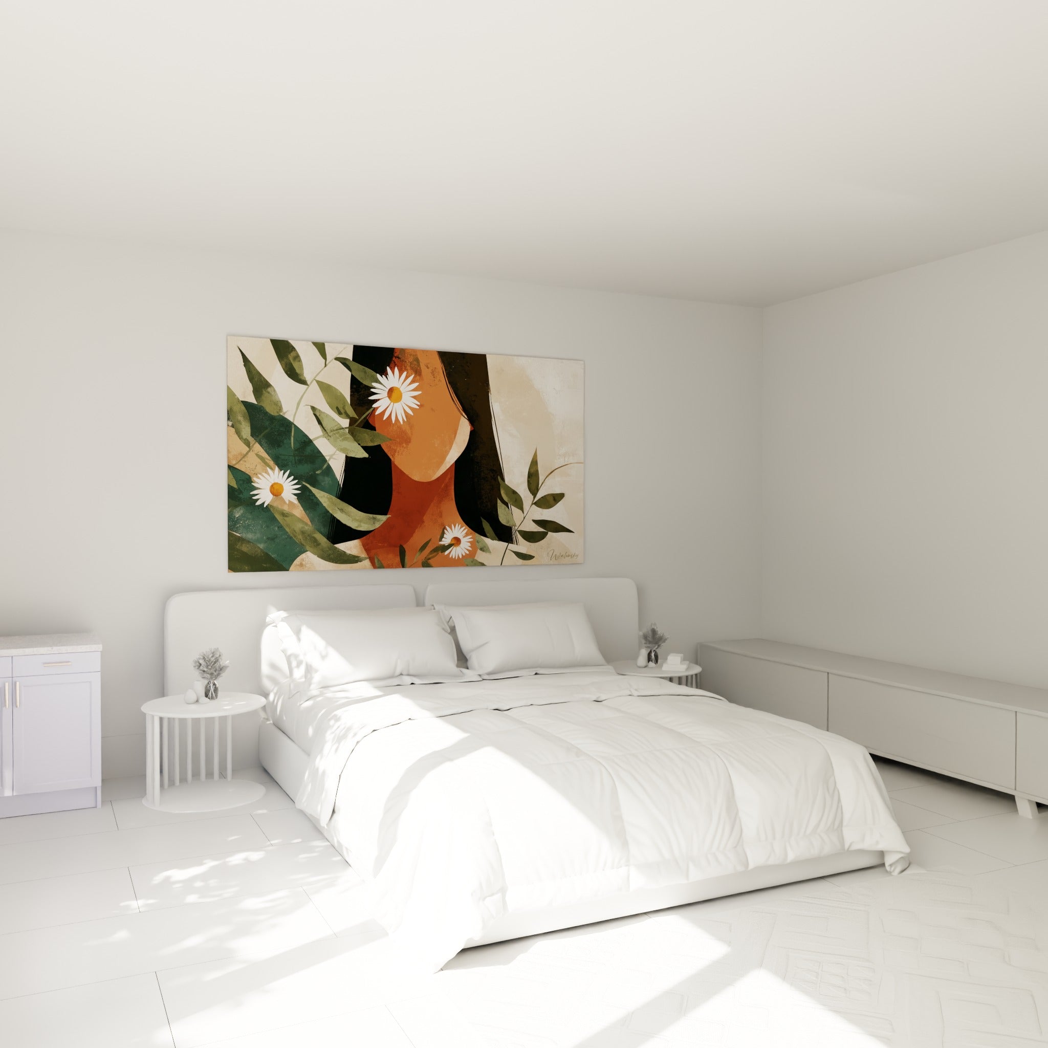 Silhouette terracotta de Marguerite parmi les feuilles vertes, accrochée au-dessus d'un lit dans une chambre claire