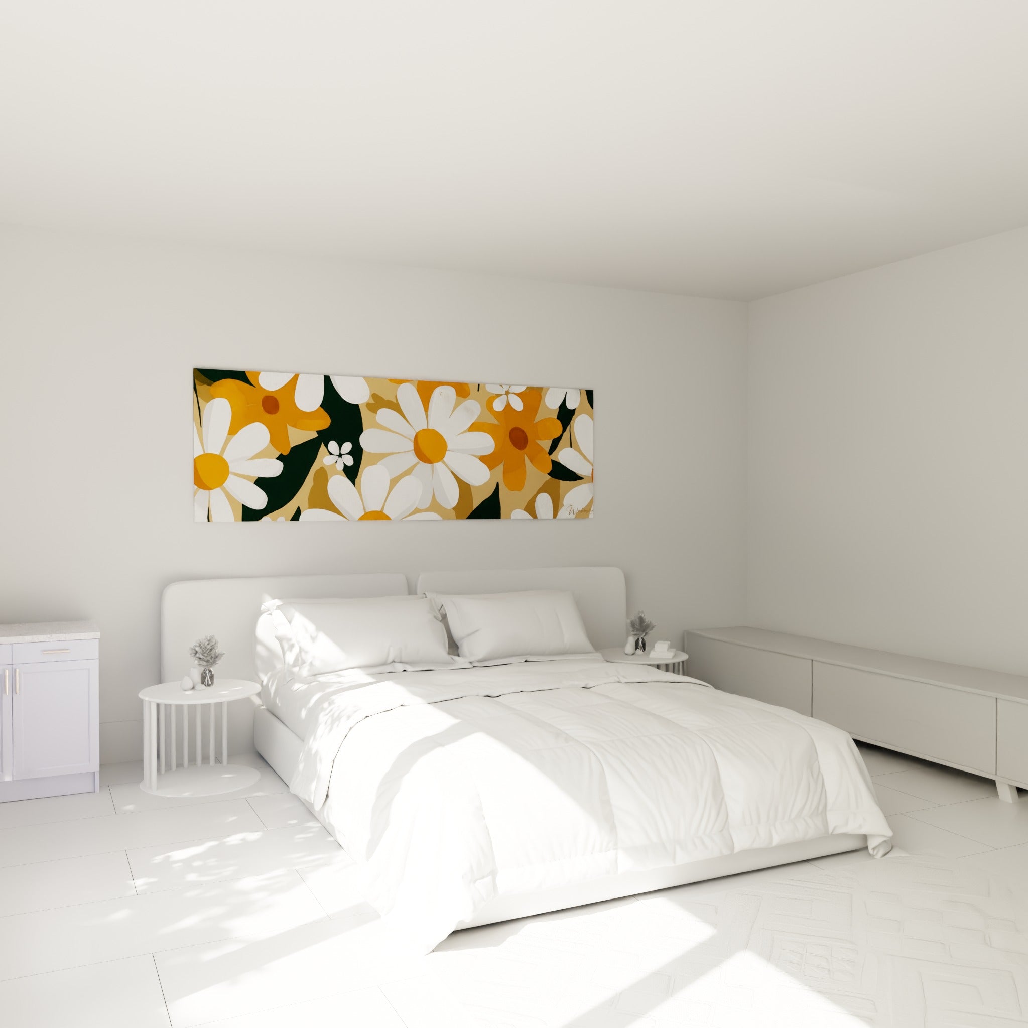 Composition de marguerites blanches et orangées au-dessus d'un lit dans une chambre claire