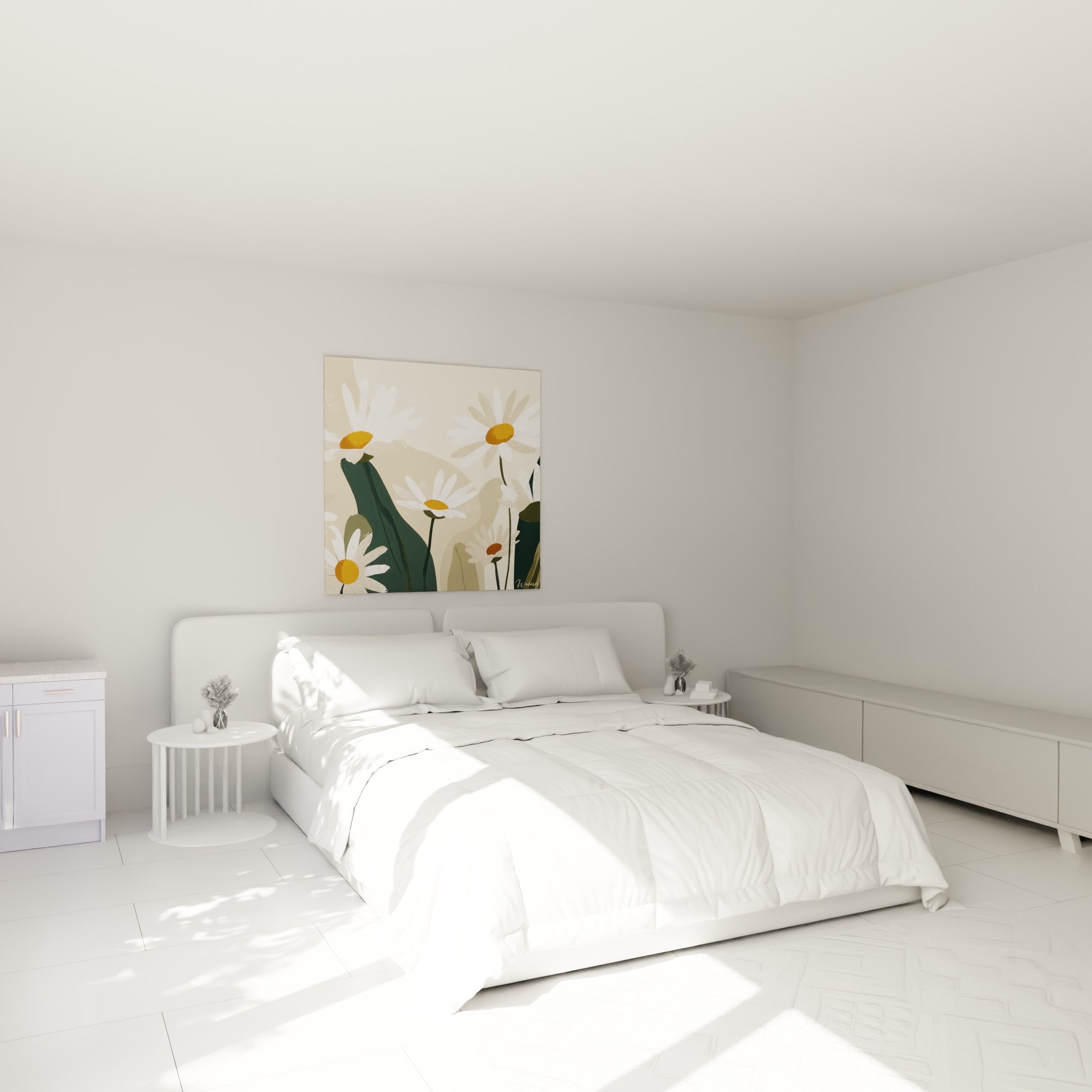Marguerites blanches et ocre déployées avec feuillage vert foncé, au-dessus d'un lit dans une chambre claire