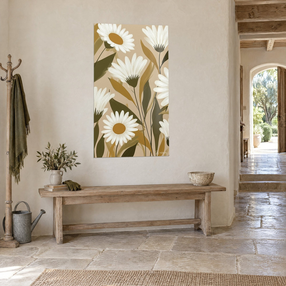 Tableau fleurs de camomille crème, tiges fines et longues feuilles kaki et ocre sur fond sable, couloir de pierre voûté